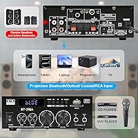 Vista 5 de Romica Stereo Audio Amplifier, 2 Channel 450W+450W Bluetooth 5.0 Home Theater Power Amplifier with FM Radio, USB, SD, Optical & Coaxial Inputs