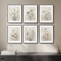 Framed Boho Vintage Botanical Wall Art Set of 6 - 11x14 Black & White Floral Canvas Prints with Mat, Farmhouse Rustic Flower Decor for Living Room, Kitchen, Bedroom