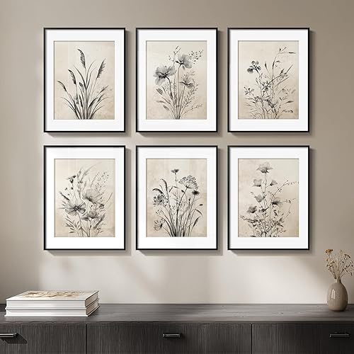Arte de pared botánico bohemio vintage enmarcado, juego de 6 lienzos florales en blanco y negro con paspartú para sala de estar, obras de arte de
