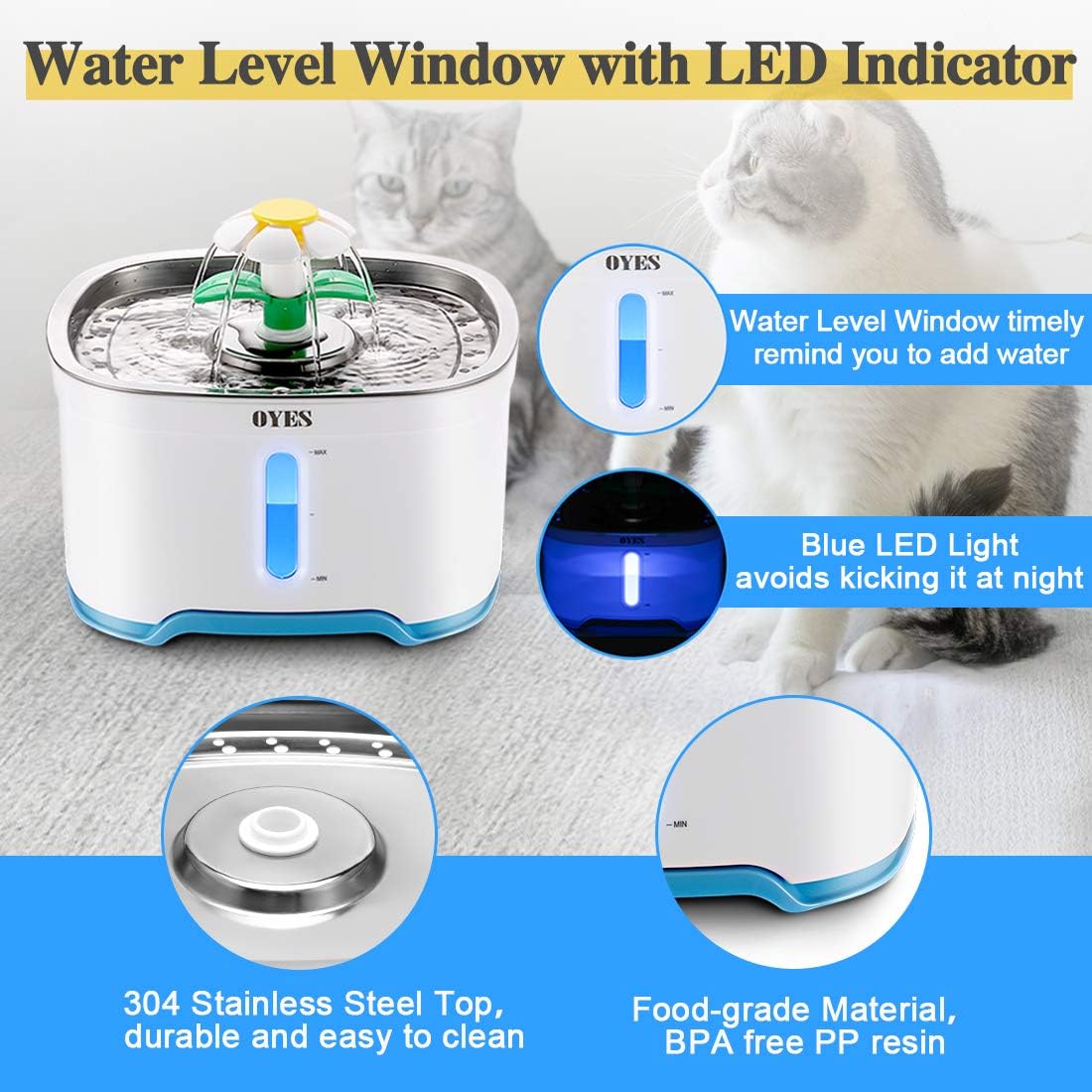 Cat Water Fountain,Stainless Steel 2.0L/67oz Automatic Circulating Pet Water Fountain,Ultra-Quiet Pump with LED Light,Dishwasher Safe,Suitable for Puppy and Cat Fountain (Stainless Steel) : Pet Supplies
