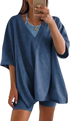 LTSCNRM Conjunto de 2 piezas para mujer, camiseta reversible de gran tamaño, pantalones cortos de motociclista, conjunto de chándal de entrenamiento