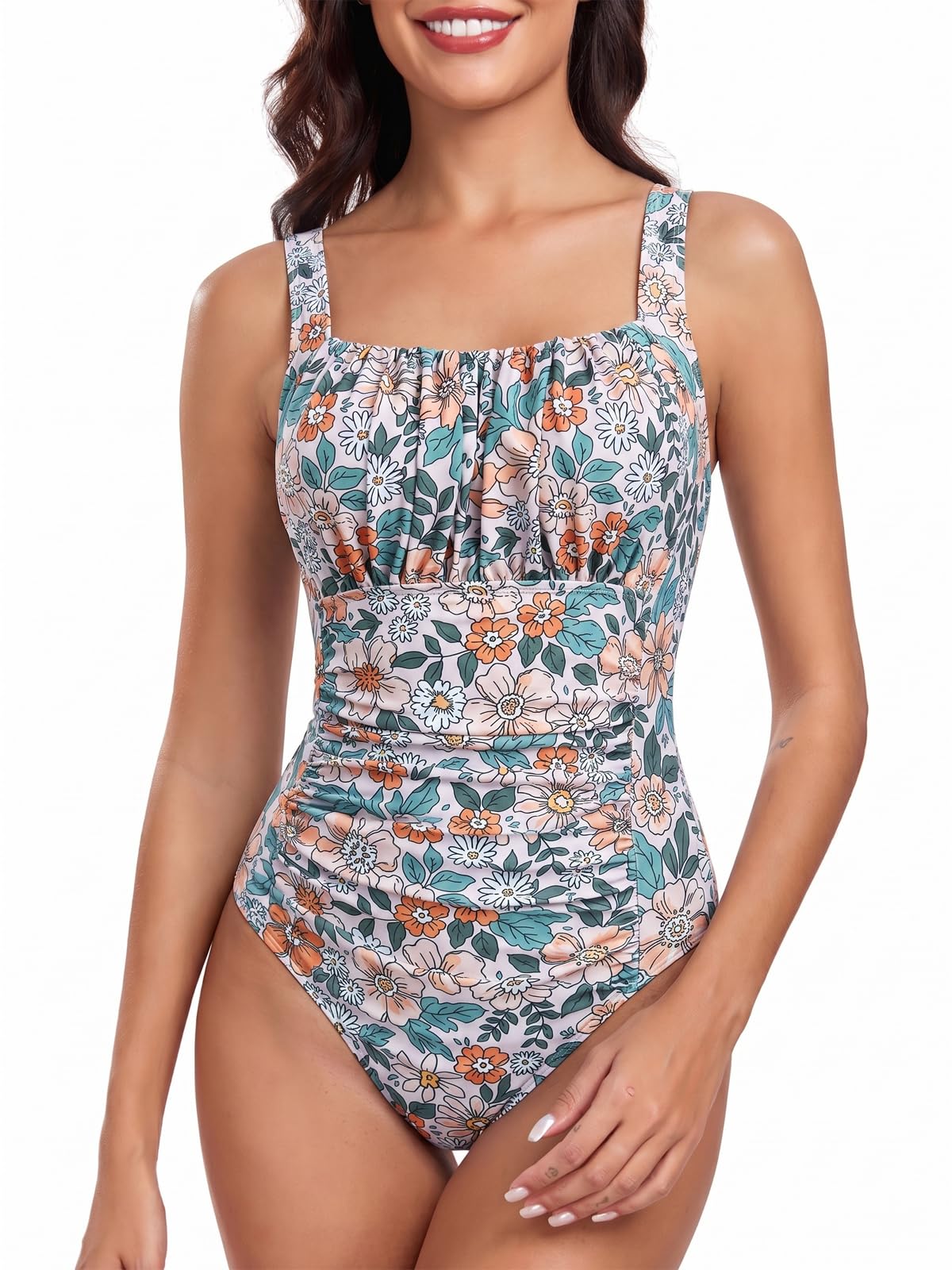 FLYILY Damen Einteilige Badeanzug Vintage Ruched Einteilige Bademode Swimsuit 1 Piece Badebekleidung Retro Ruched Bauchweg Badekleid