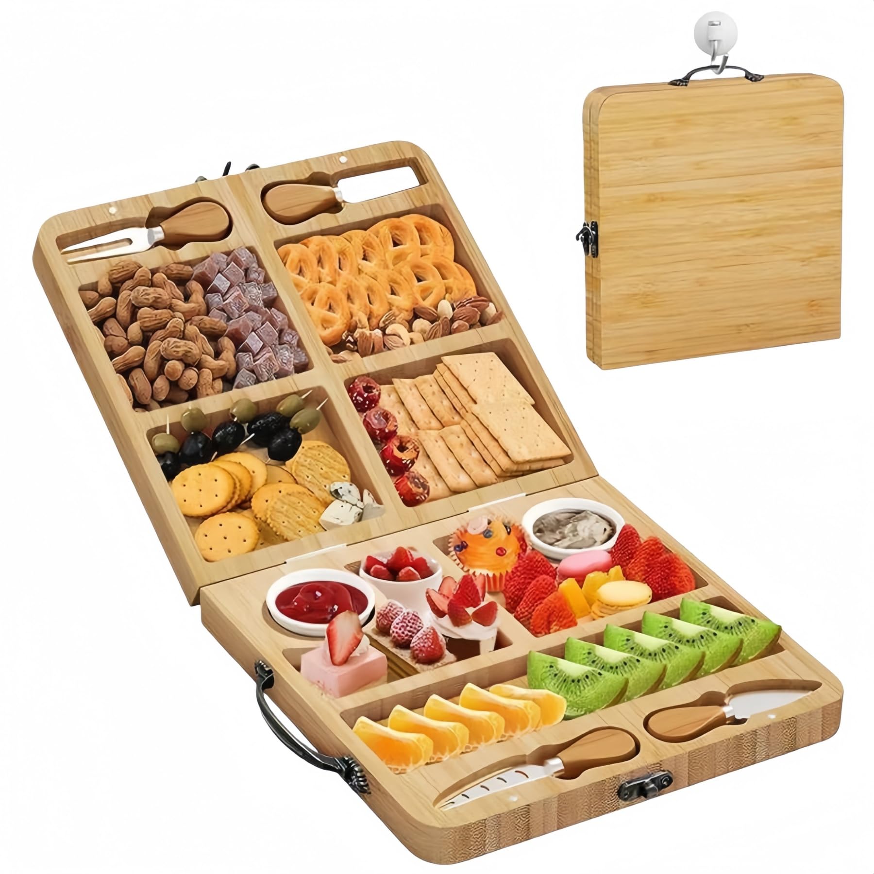 Käsebrett mit Käsemesser Set Tragbare Servierbrett mit Handgriff aus 100% Bambus, 2 in 1 klappbare Käseplatte & Schneidbrett, Charcuterie Snacktablett ideal für Hauswärme Geschenke - 29 x 29cm