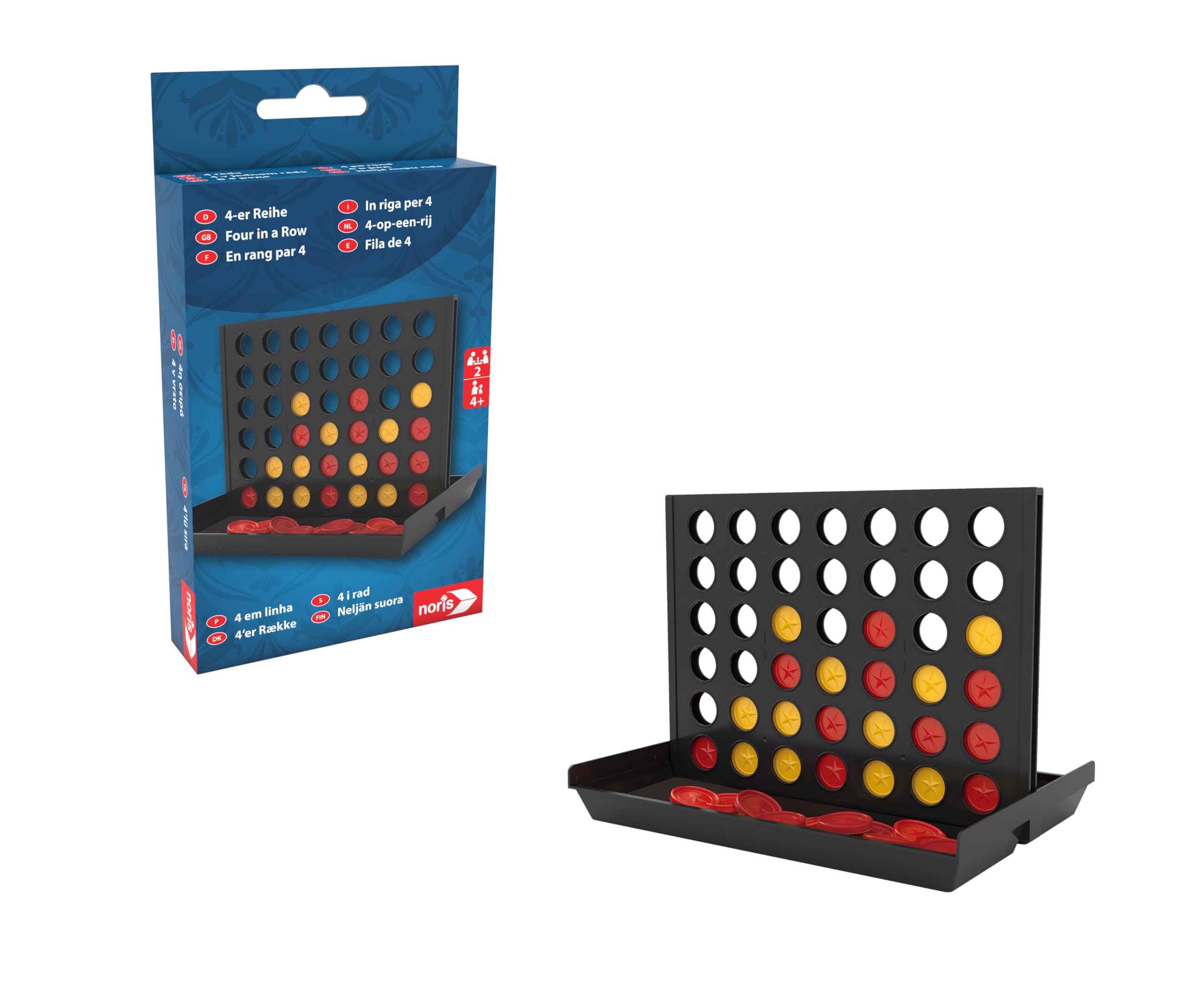 noris Spieleklassiker 4-er Reihe – Strategiespiel für unterwegs, beliebter Klassiker im Reiseformat, vertikales Steckspiel für Zwei Spieler, Denkspiel für Kinder, Logikspiel, ab 4 Jahren
