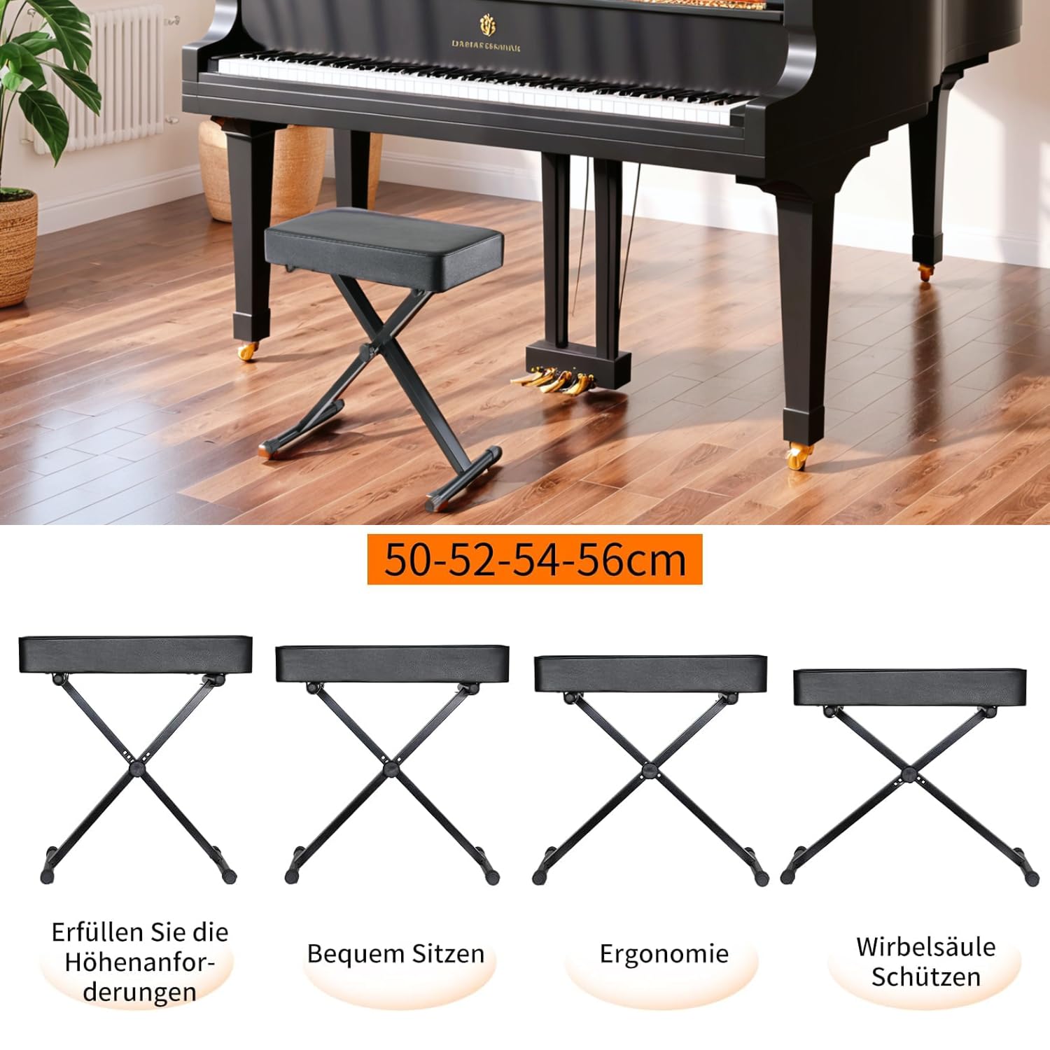 Clevich Verstellbarer Klavierhocker 50-52-54-56CM, X-förmiger Keyboard Hocker Klappbare, Verdicktem 8CM PU-Kissen, Klavierstuhl Hocker -für Piano Keyboard Tisch in Schwarz