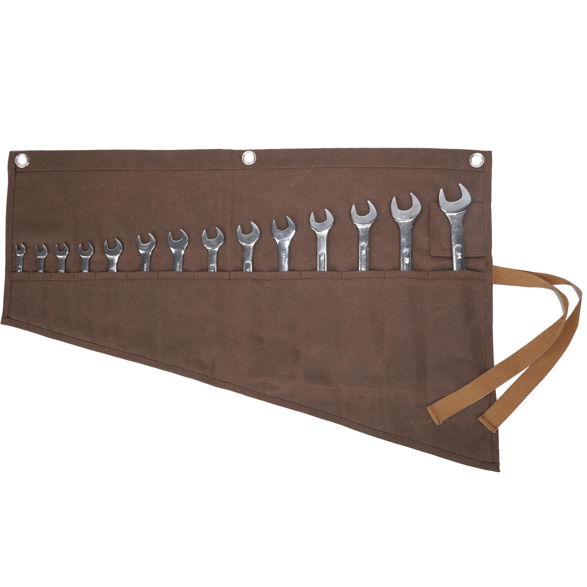 Kaaltisy Brown Tool Roll Bag, Multi-Purpose Tool Roll With 14 Slots & Tie Rope, 16Oz Waxed Canvas Wrench Set Storage Roll