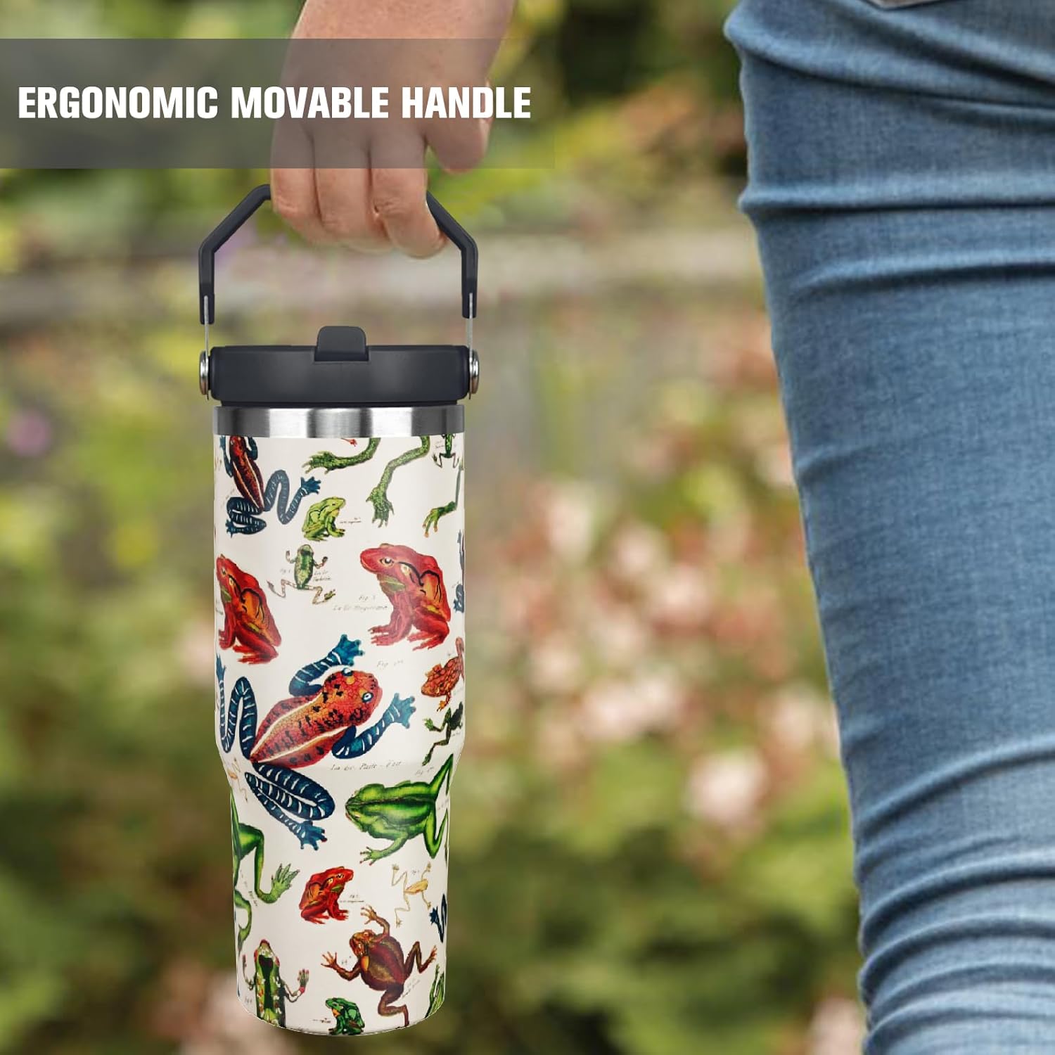 30oz Frog Flip Straw Tumbler, Insulated Coffee Travel Mug with Handle and Straw, 30oz Frog Water Bottle Gifts for Women and Girls - Image 7