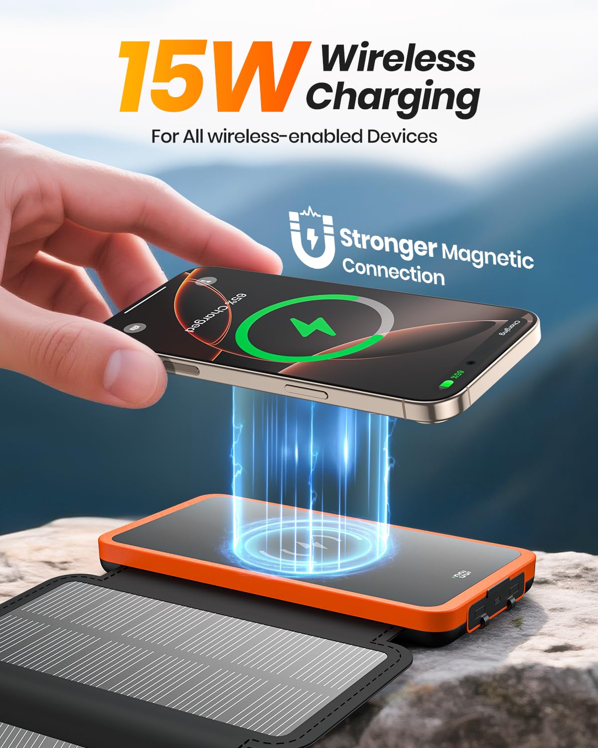 A ADDTOP Power Bank Solare 10000mAh – Caricabatterie rapido 15W per cellulari con USB-C Ingresso/Uscita & 4 Pannelli Solari – Caricatore portatile wireless con torcia a LED per iPhone, Android