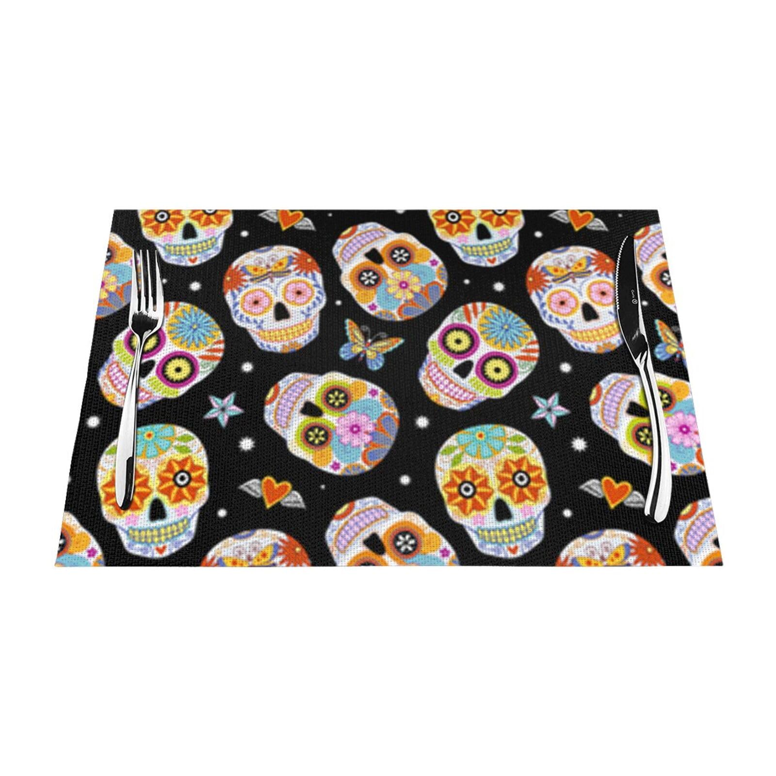 PVC Placemat Set of 6 PCS, 45x30 CM, sugar skulls butterfly Printed Non-Slip Heat Resistant Place Mats for Kitchen Dining Table Indoor Outdoor