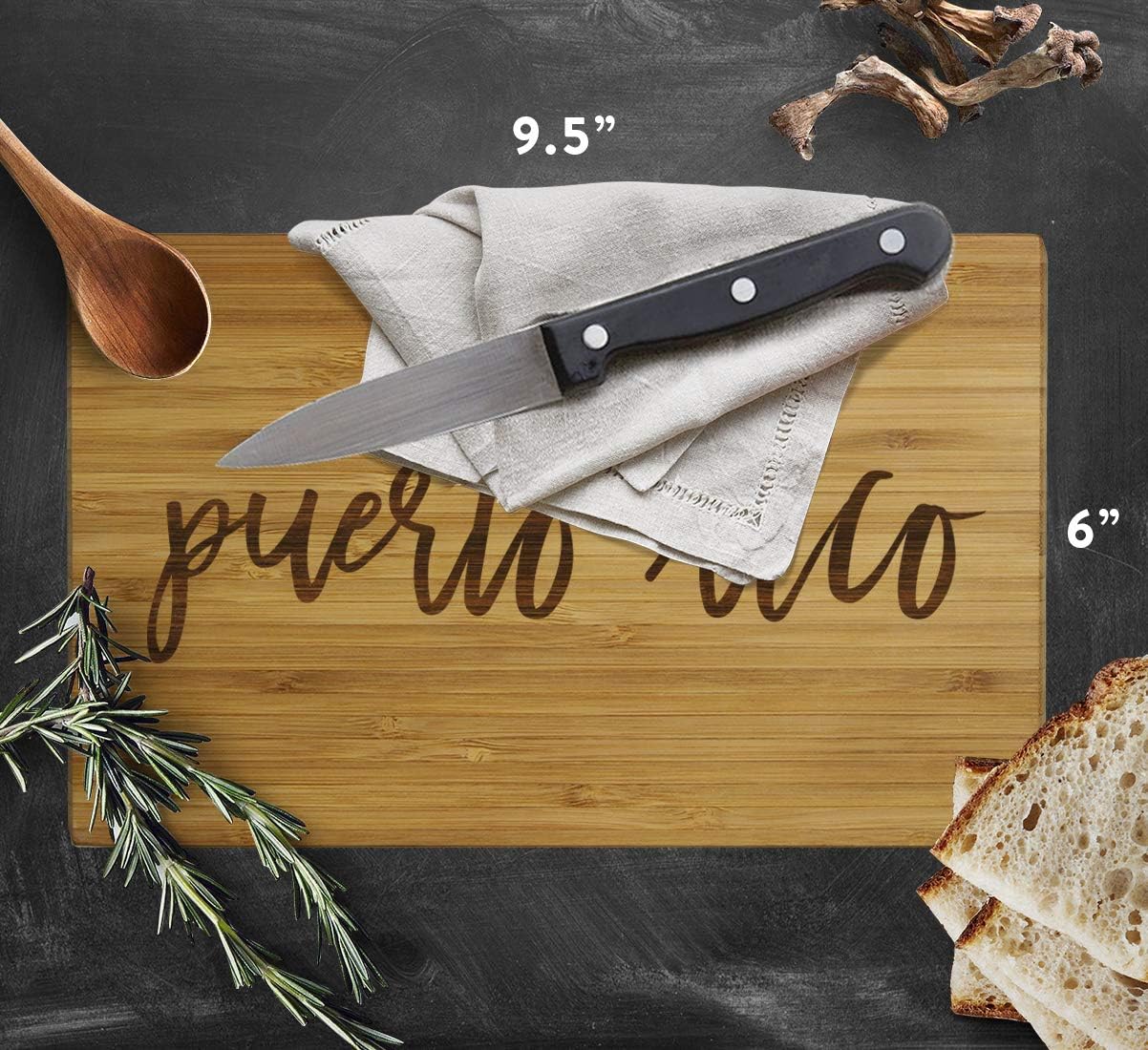 Andaz Press Puerto Rico Bamboo Wood Cutting Board, 9.5 x 6-inch, Calligraphy, 1-Pack, Small Engraved Serving Chopping Board Christmas Birthday Moving Away College Graduation Chef Kitchen Ideas