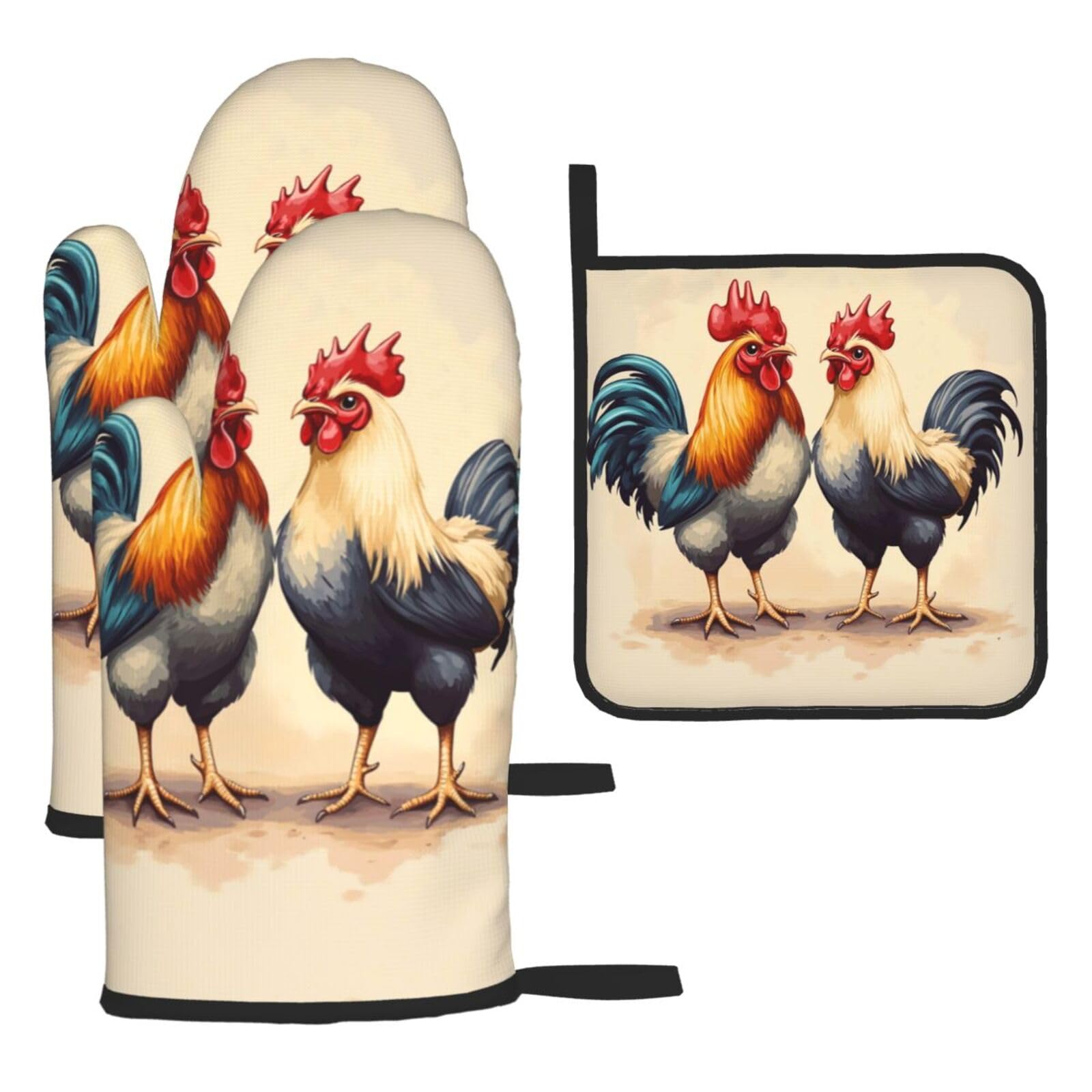 Oven Mitts and Pot Holders Set of 3 Heat Resistant Non-Slip Kitchen Gloves Hot Pads Rooster and Hen Mittens Non-Slip Potholders for Cooking Baking Grilling BBQ