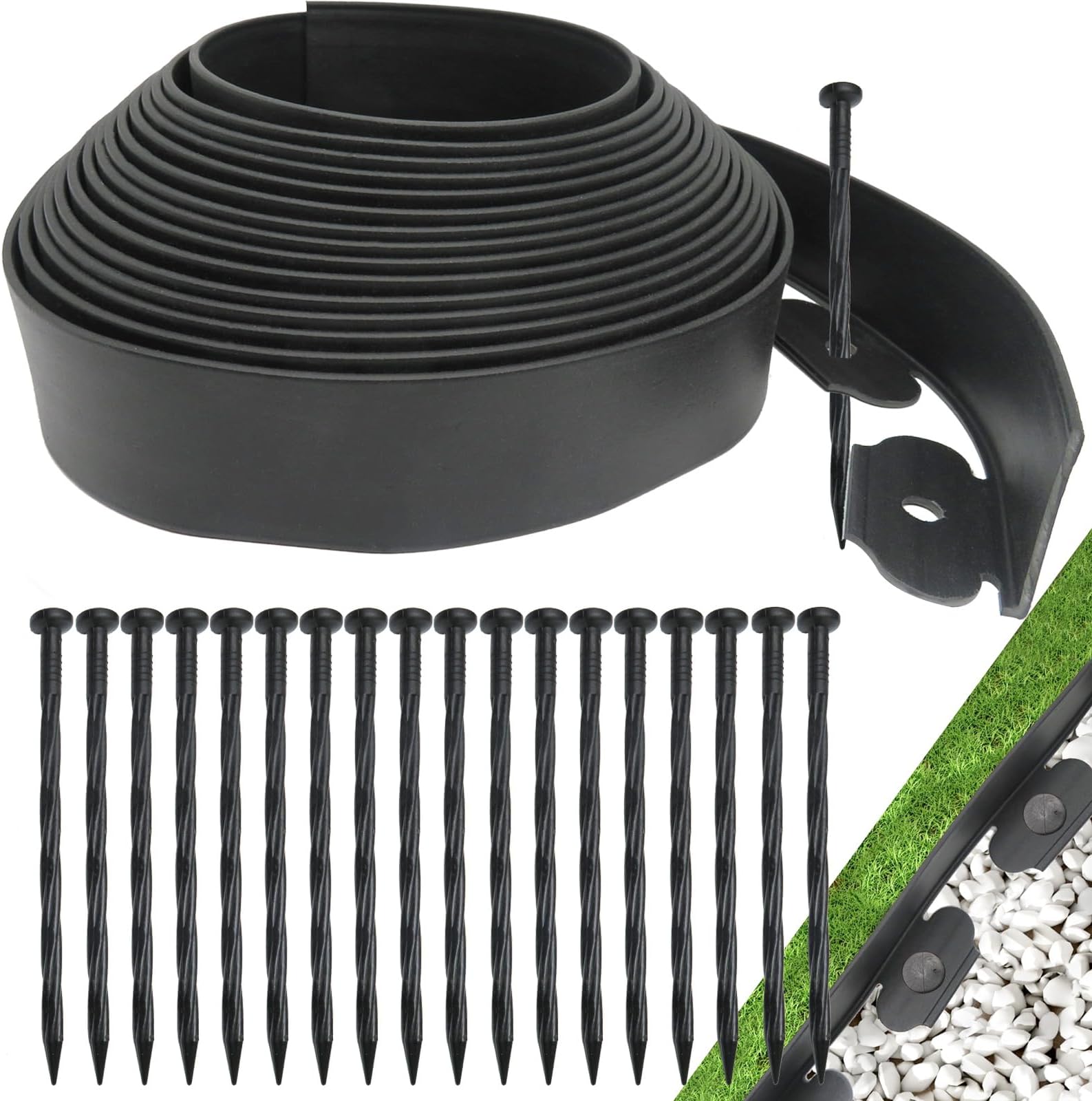 Landscape Edging Border No Dig, Plastic Edging for Landscaping, Garden Edging Border,Lawn Edging,Garden Borders,Flower Bed Edging,Rubberific Landscape Edging, (Plastic Stakes, Black-100Feet)