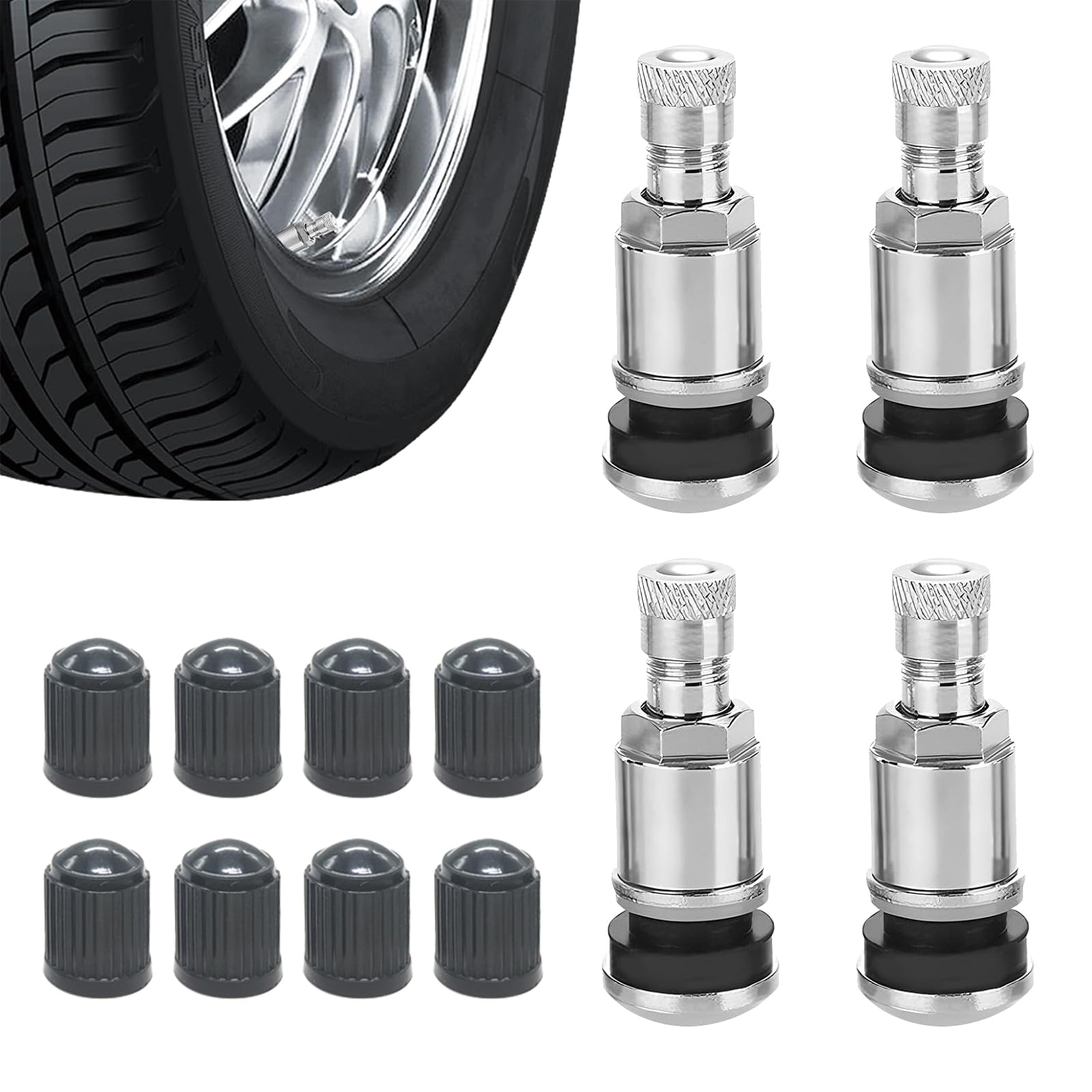 4 Valvole Pneumatici Auto In Metallo Con Tappi – Universali Bolt-in Acciaio Inox, Foro 11.3mm, Lunghezza 42mm