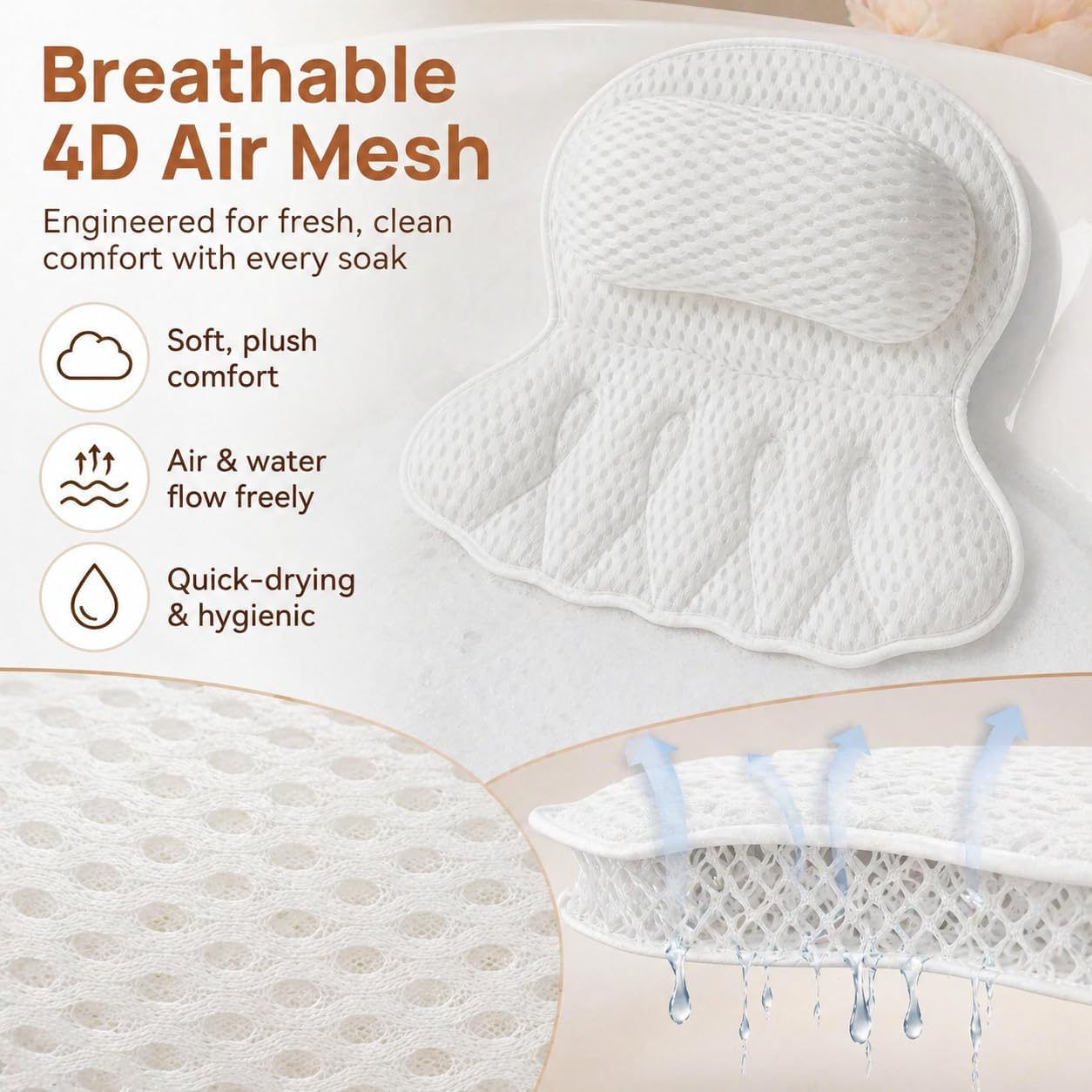 Bath Pillow with 6 Suction Cups for Head, Neck and Back Support