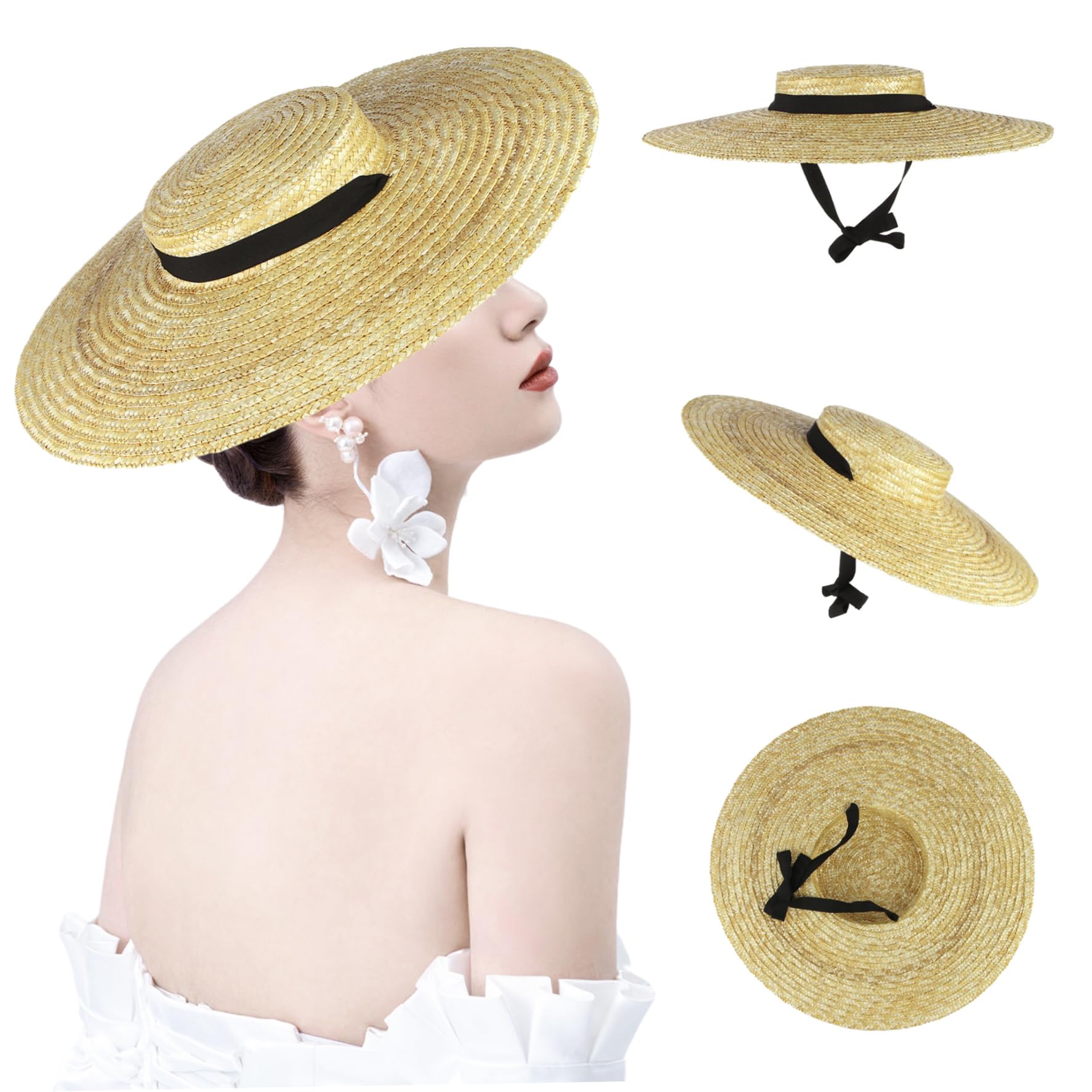 Chapeau de canotier en Paille pour Femme, Chapeau de Plage d'été en Paille tissée Respirante, Protection UV avec mentonnière et Doublure, Bord Large Souple Vintage, Sangle Noire