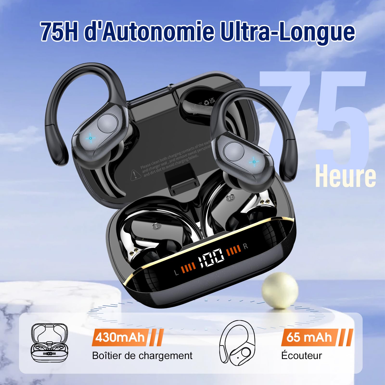 Qecnato Ecouteurs Bluetooth sans Fil, Ecouteurs Bluetooth 5.4 Stéréo avec ENC Réduction de Bruit Mic, 75H de Lecture Oreillette, IP7 Étanches Casque sans Fil pour Sport et Running, Noir