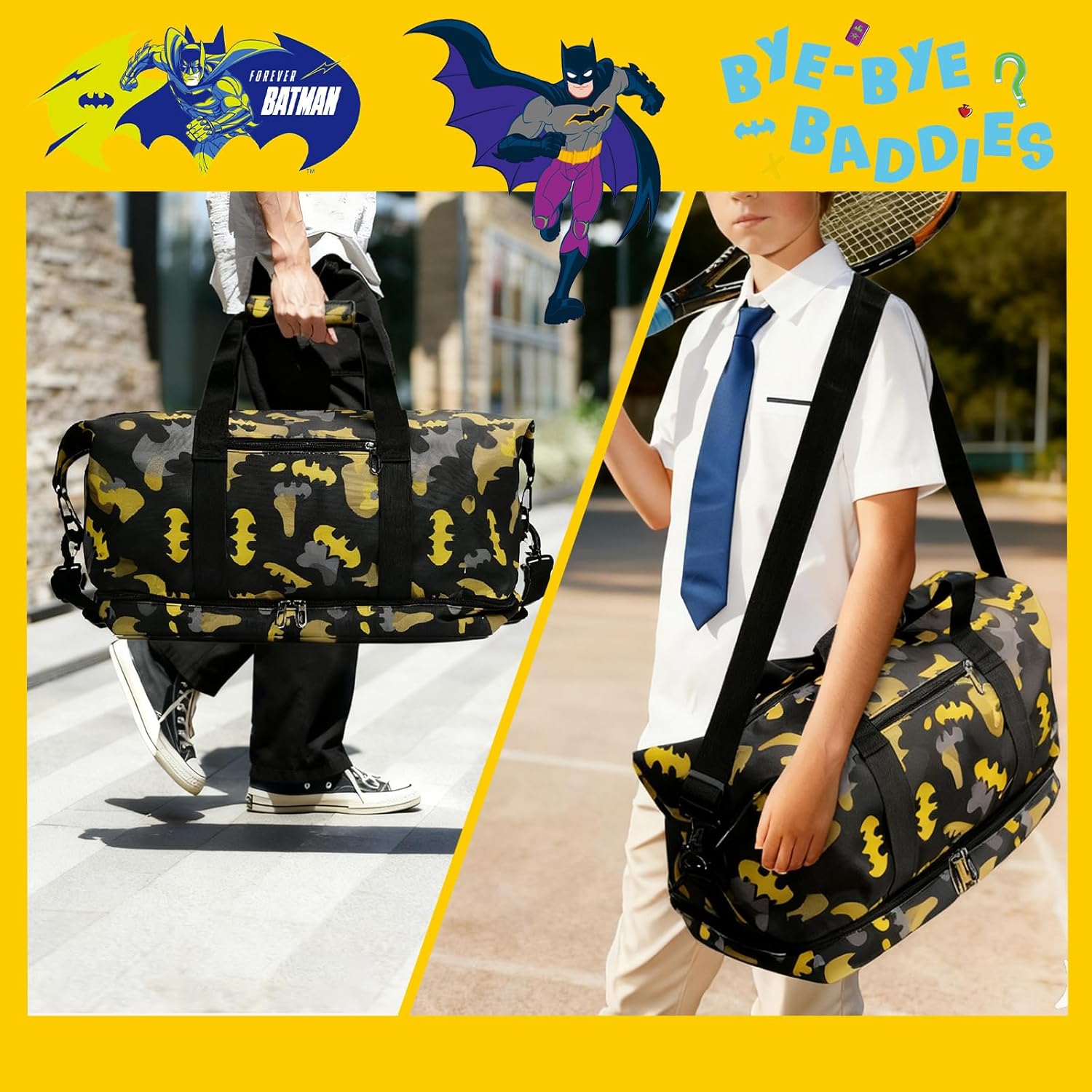 BATMAN Durable Travel Duffel Bag with Bold Yellow and Black Camouflage Pattern, Spacious Interior for All Essentials, Adjustable Shoulder Strap, Reinforced Handles,Stylish Design for Every Traveler - Image 7