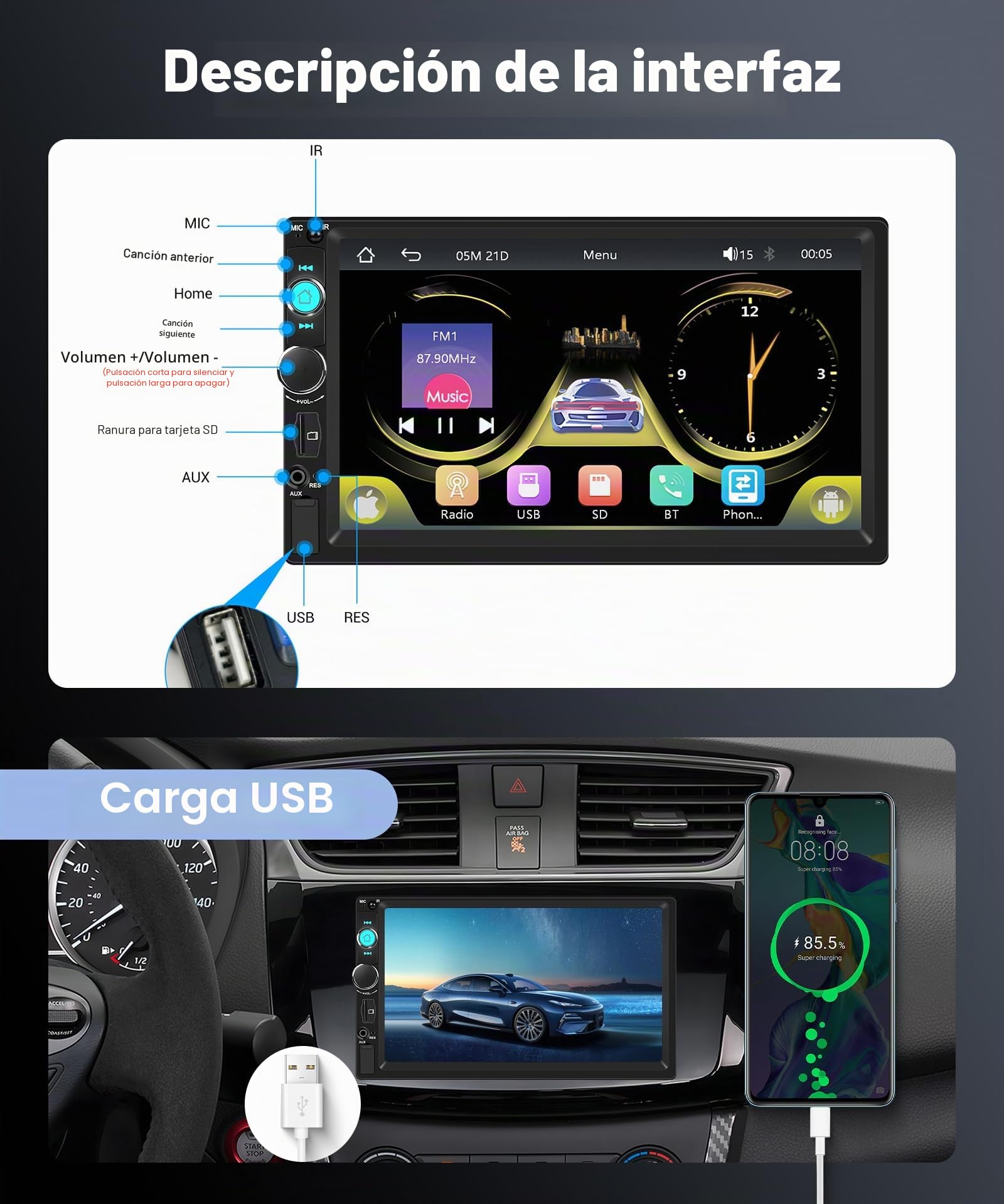 VECHTEL Dab+/Dab Radio de Coche 2 DIN con CarPlay Android Auto Inalambrico, 7 Pulgadas IPS HD Pantalla Táctil Radio Coche Soporte Bluetooth 5.2 Radio FM USB/AUX Mirror Link SWC Cámara Trasera