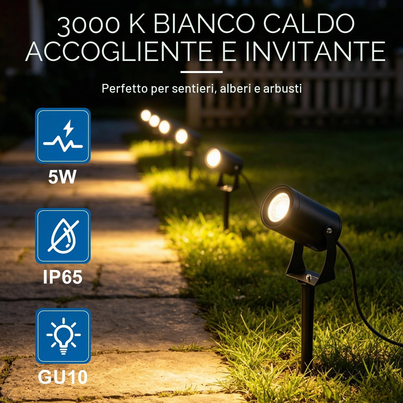 CPROSP 2PCS Faretti da Giardino Gu10, 5W 3000K Bianco Caldo LED | Faretti da Esterno con Picchetto Esterno; Faretto Giardino con Connettore Impermeabile; per Terrazza, Vialetti, Laghetto IP65