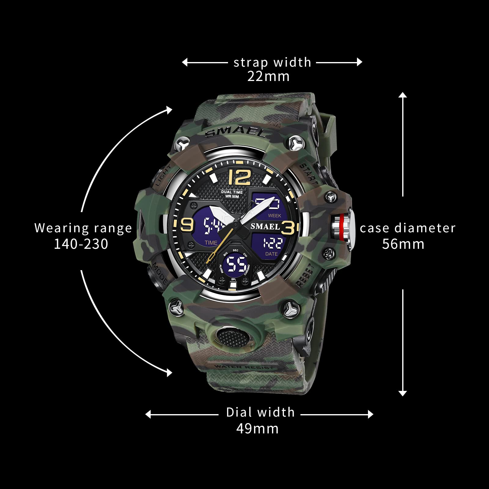 SMAEL 8008 Reloj de cuarzo deportivo resistente al agua, reloj de camuflaje de color dual digital (camuflaje verde), Camuflaje Verde