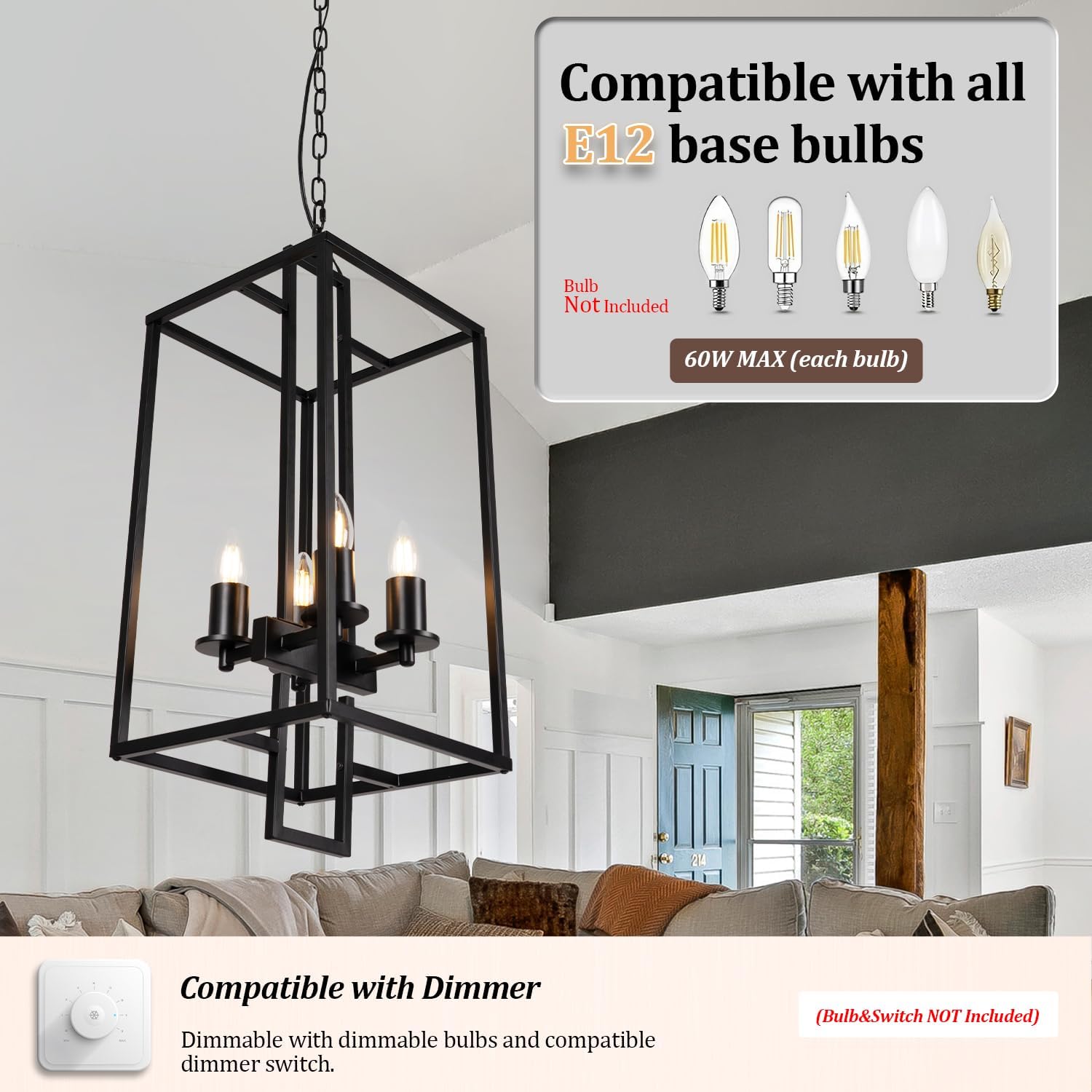 VACILL 4 Light Chandelier, Black Industrial Ceiling Light, Lantern Light Fixtures with Farmhouse Metal Cage Rustic Hanging Light E26 Base for Kitchen Island, Entryway, Indoor