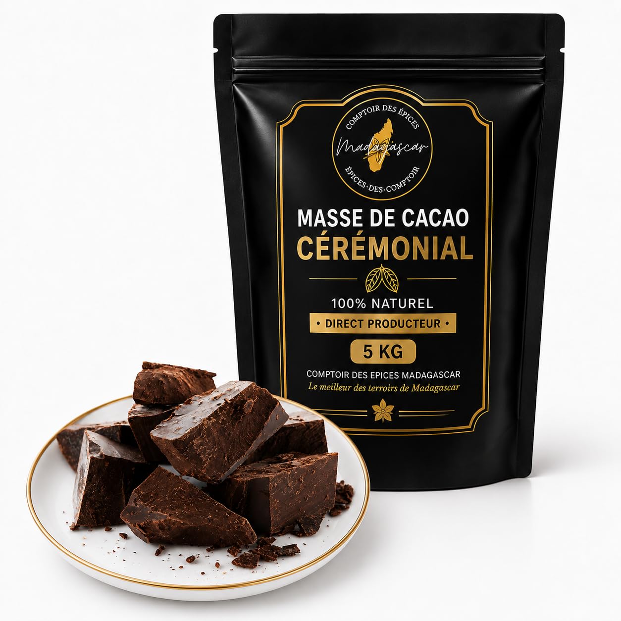 Masse de Cacao Cérémonial 5kg (10x500g) | 100% Pur | Direct Producteur | Notre Coopérative | + Vanille Bourbon BIO 100g Offerte | COMPTOIR DES EPICES MADAGASCAR