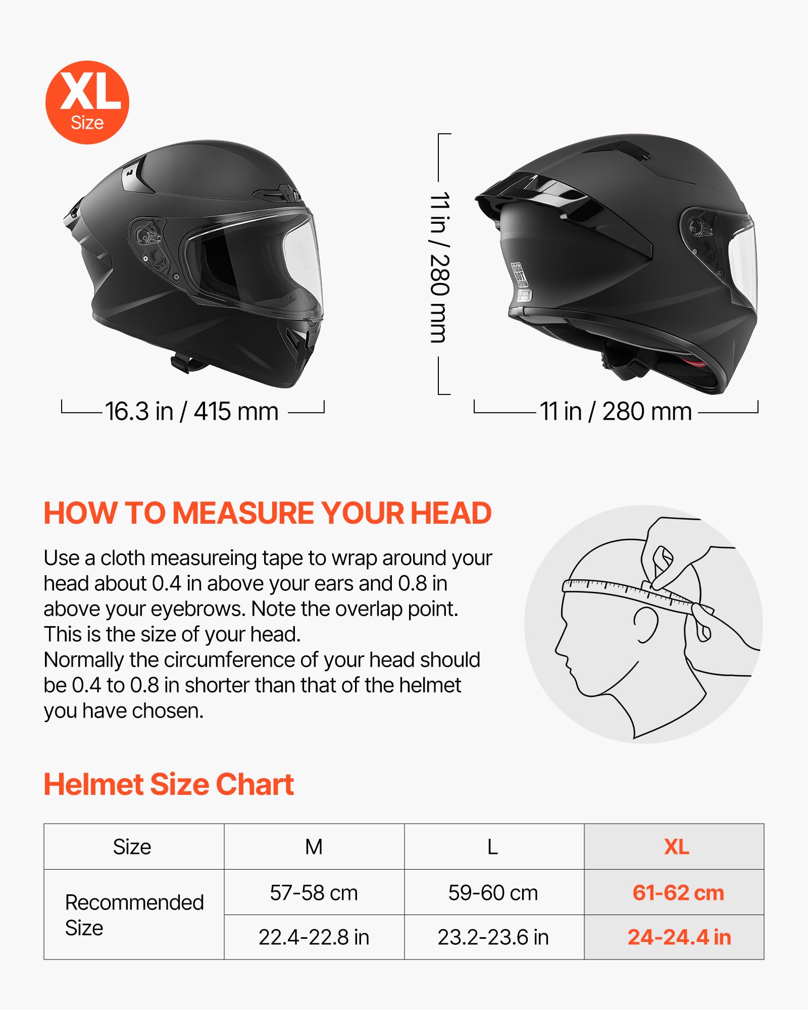 VEVOR Casque Intégral Taille XL, Casque de Moto Homologué Dot et ECE, Protection pour Adultes Motocross Moto de Route Trajets Quotidiens Voyage, avec Visière Transparente, Léger et Confortable