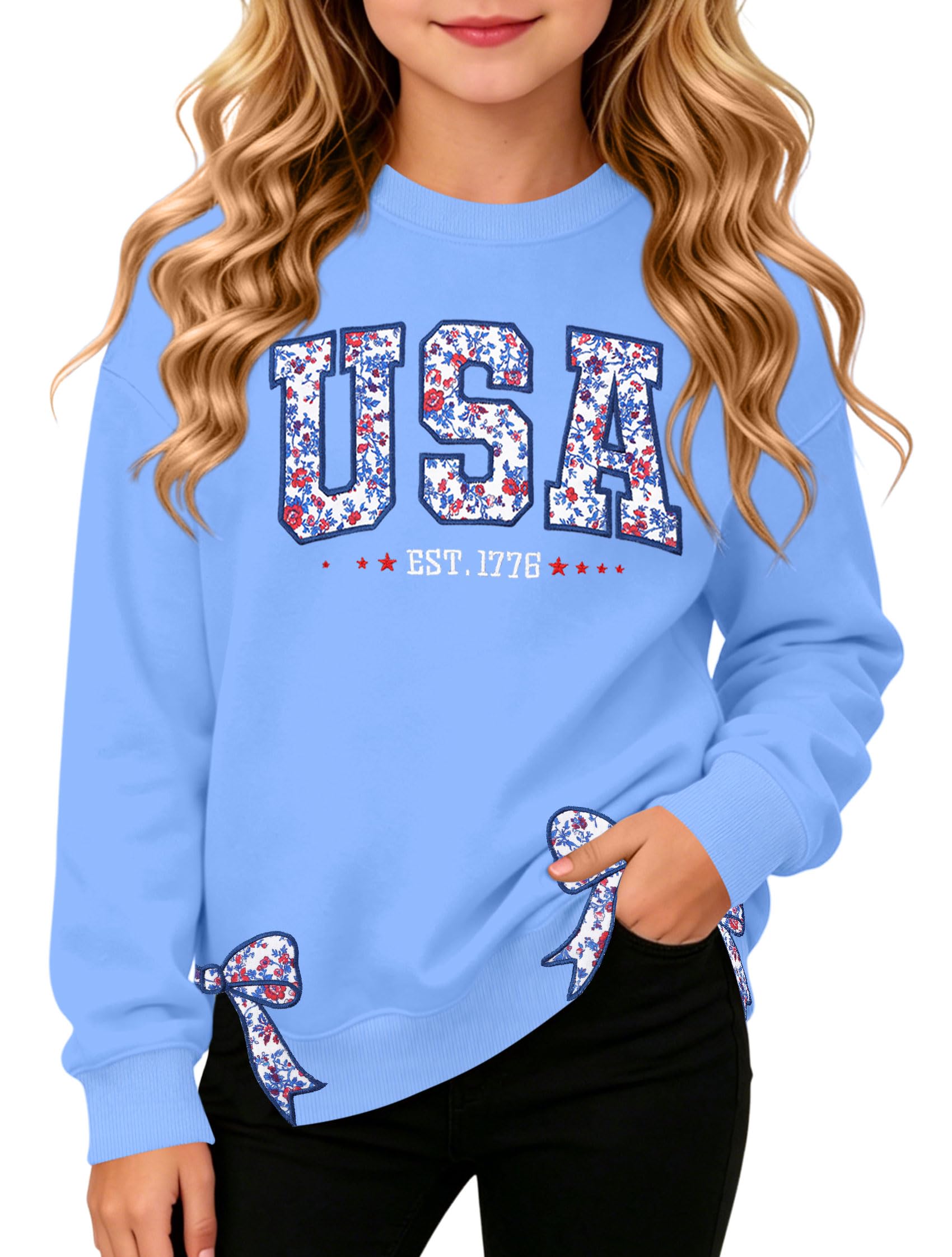 Ithalt Kids USA Sweatshirt Boys Girls 4th of July Shirt American Patriotic Pullover with Embroidered Side Slits 5-14y