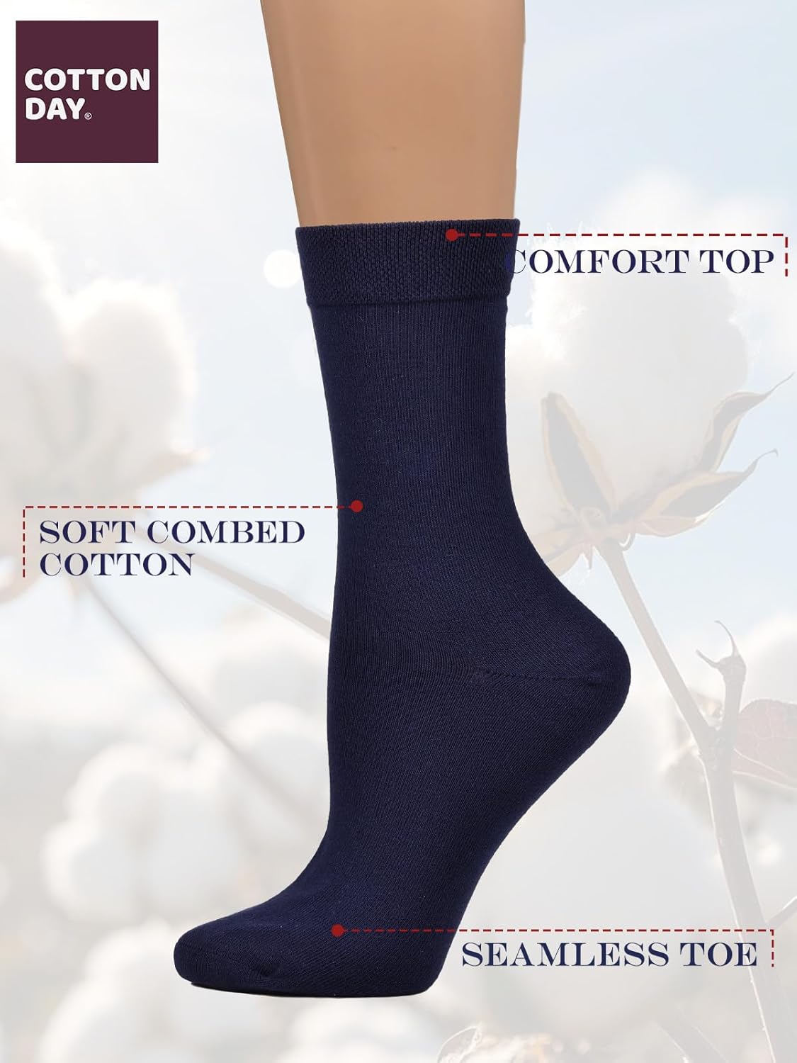 COTTON DAY Women's Soft Combed Cotton Dress Socks Seamless Toe Black White Gray Navy Blue Brown Beige - Image 3
