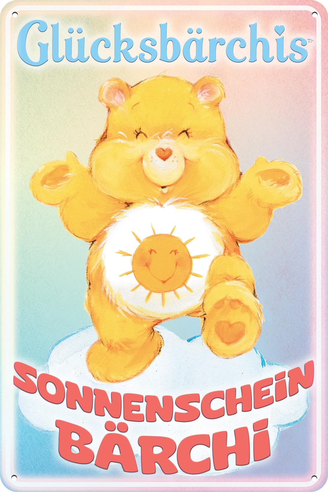 14 x 20cm Blechschild passend für Glücksbärchis Fans – 80er Jahre Zeichentrick Hab-Dich-Lieb Bärchis – Care Bears Retro Schild, Fernseh, TV Serie Schild (Sonnenschein)