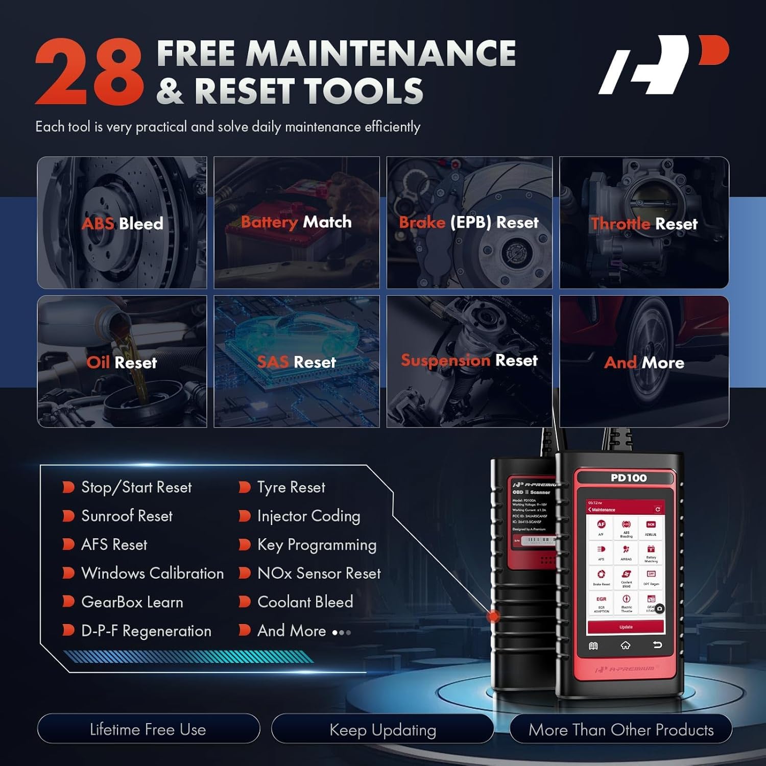 A-Premium 2025 PD100F for Ford Lincoln Mercury Full System OBD2 Scanner Diagnostic Tool, Bi-Directional Code Read Scan Tool, Full Reset (EPB/ABS/Oil/SAS/TPMS), Battery Register, with Live Data