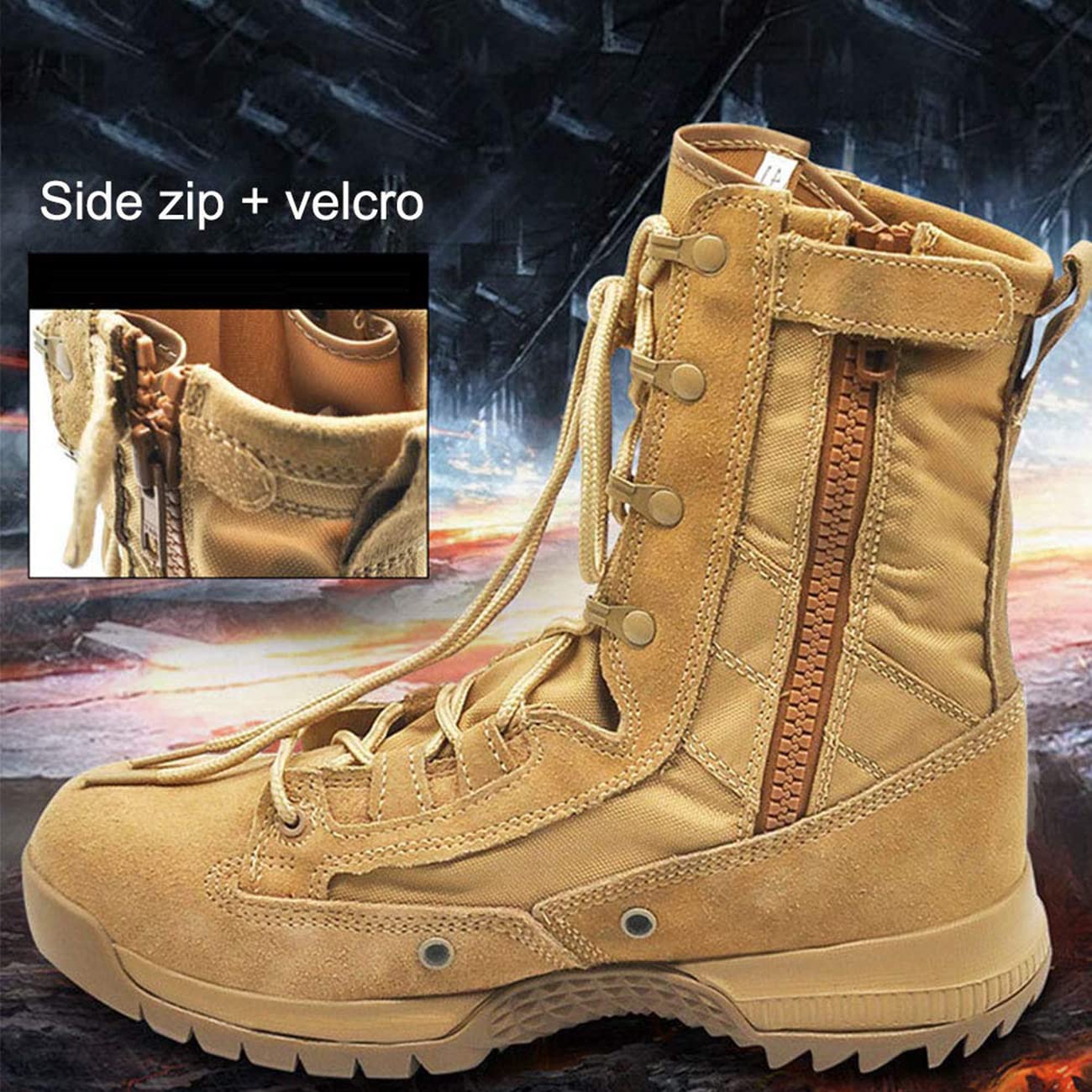 Stivali Militari Tattici da Uomo Stivali Militari Impermeabili in Pelle Scamosciata Stivali Alti da Combattimento Leggeri con Lacci Alti con Cerniera Laterale,Brown-40(UK 7)