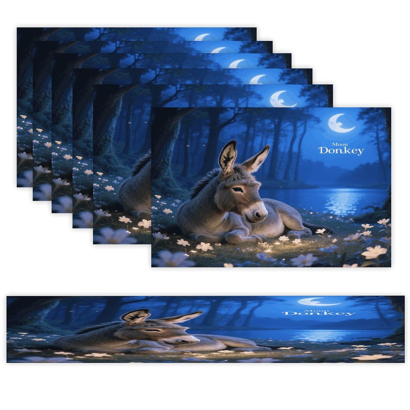 Moon Donkey Lying Down Table Runner and Placemats Set of 7 Linen Table Mat Non-Slip Place Mats Washable Placemat Heat Resistant Place Mat with Table Runner for Party Dining Decor