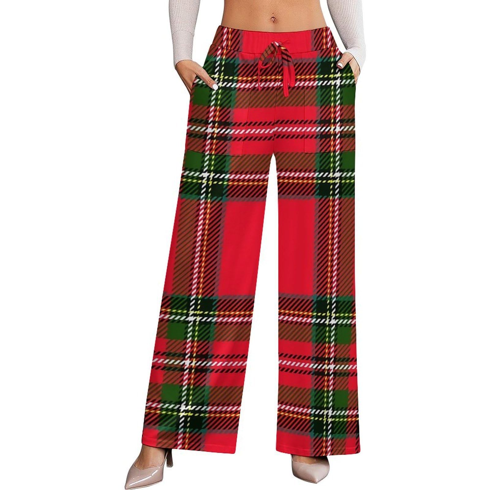 Dyale Royal Stewart Tartan Womens Wide Leg Pants High Waisted Elastic Casual Sports Pants L