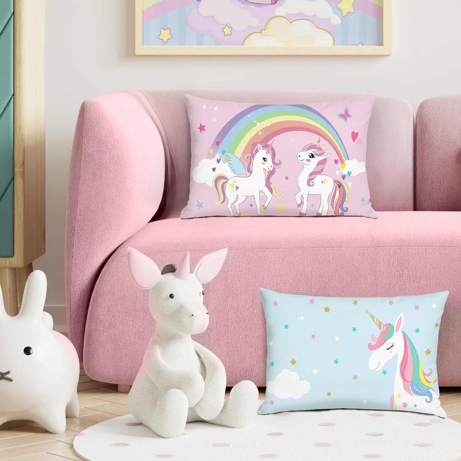 Bonhause Unicorns Cushion Covers 30 x 50 cm Unicorn Rainbow Blue Pink Decorative Throw Pillow Covers for Sofa Couch Bed Home Kids Rooms Decor Set of 2