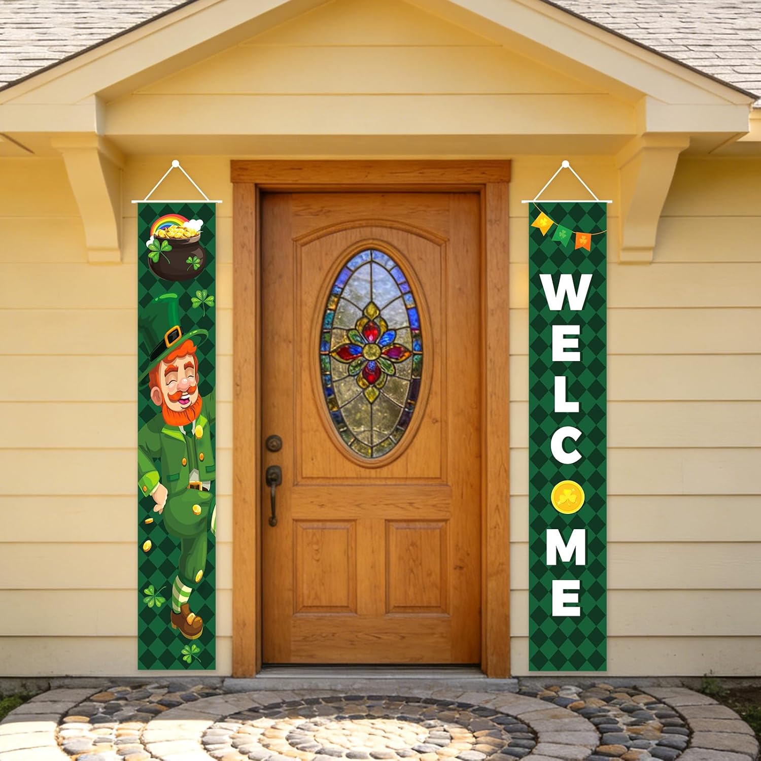 St. Patrick's Day Gnomes Banner for Front Door, 72×12'' Leprechaun Welcome Porch Banners, Gold Coins Lucky Shamrock Hanging Decorations for Home Wall Indoor and Outdoor, Party Supplies