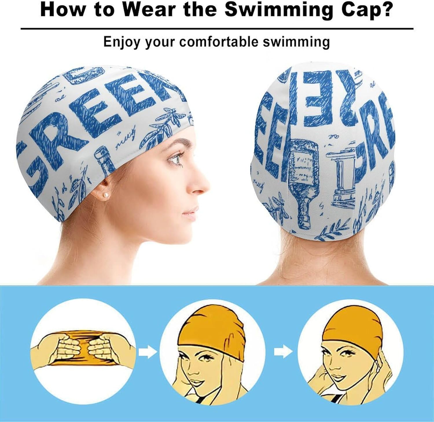Greek Symbols Olive Wine Bottle Womens Swim Cap for Men Adult Swimming Hat Curly Short Medium Long Hair
