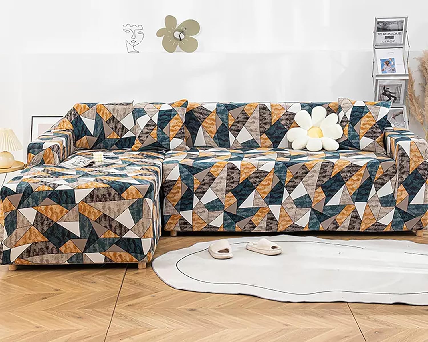 Gifts Island® Universal Sectional 180 GSM Sofa Cover L-Shape Slipcover 2pcs Non-Slip Sticky Elastic Stretchable Slipcover Protector for Livingroom, Antique Prism-image-7