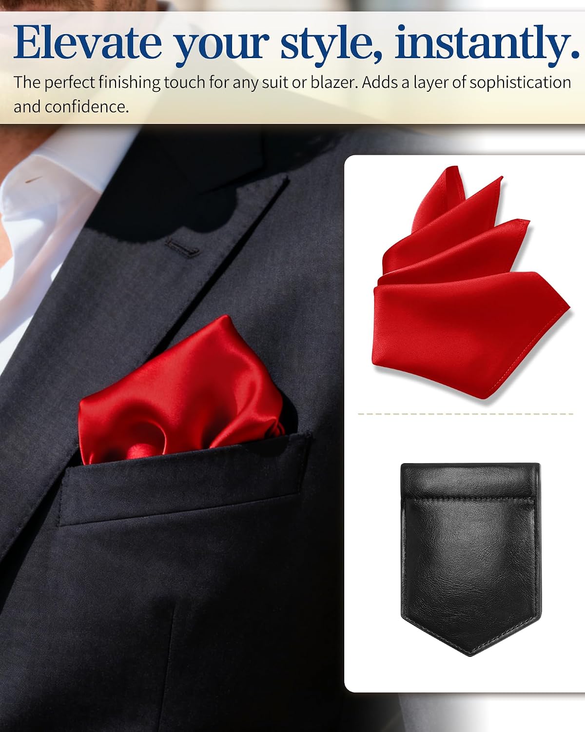 19 Momme 100% Mulberry Silk Pocket Squares for Men with Leather Holder