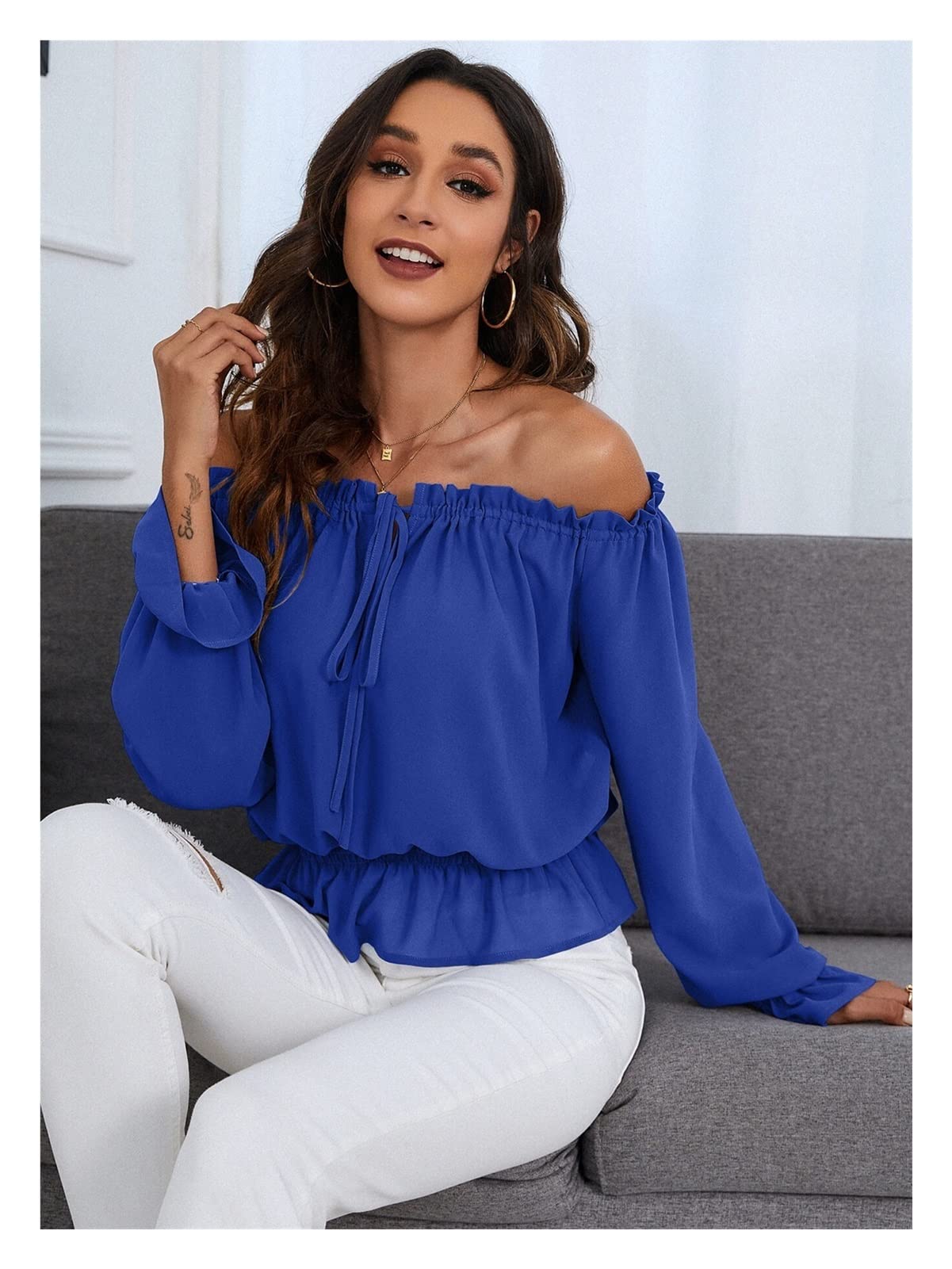 Blouse col Bardot manches évasées volants mousseline bleu royal XL