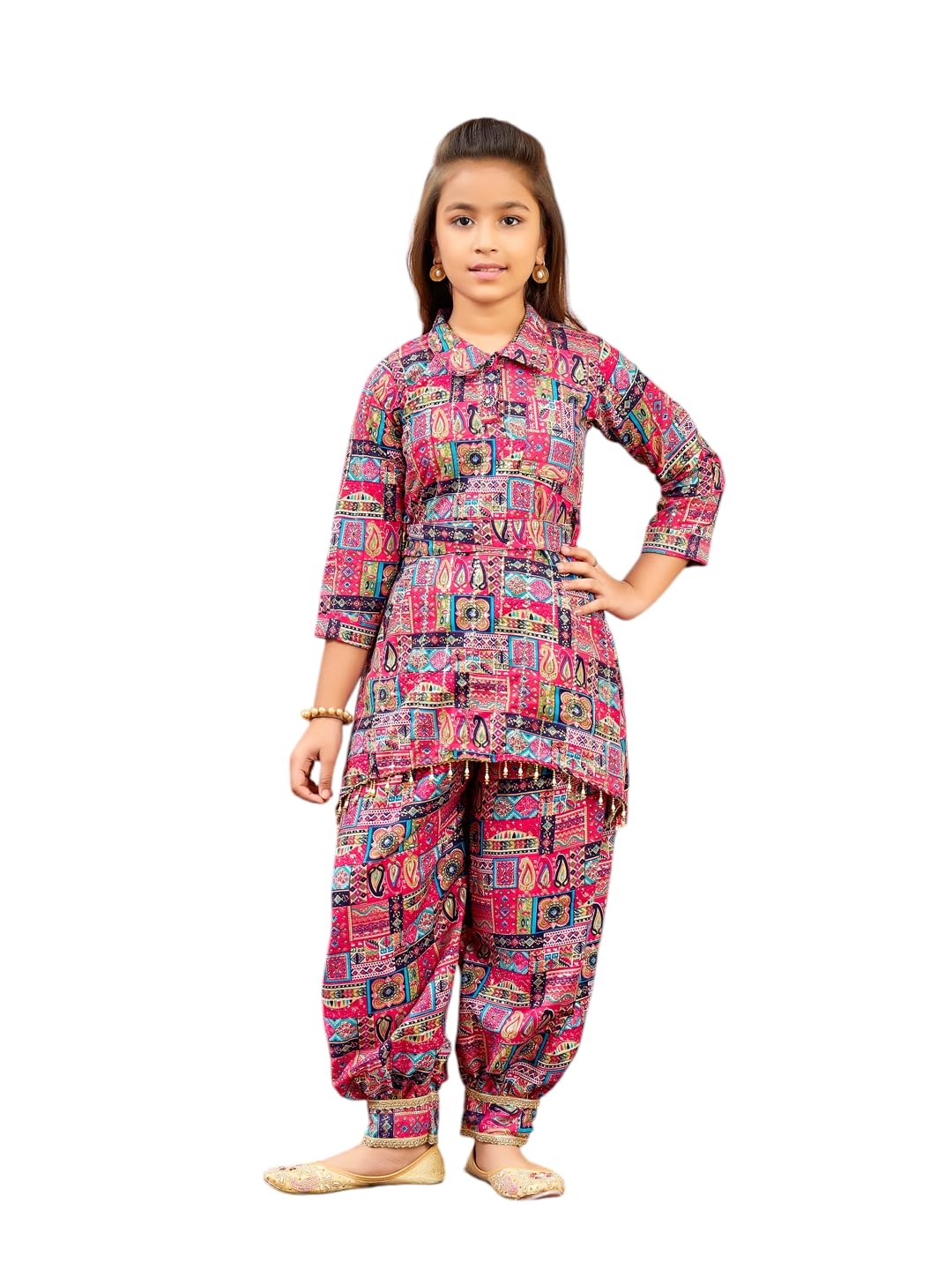 Aarika Girls Ethnic Wear Rani Colour Abstract Printed Cotton Kurti Patiala Set With Belt (4-10 Years)
