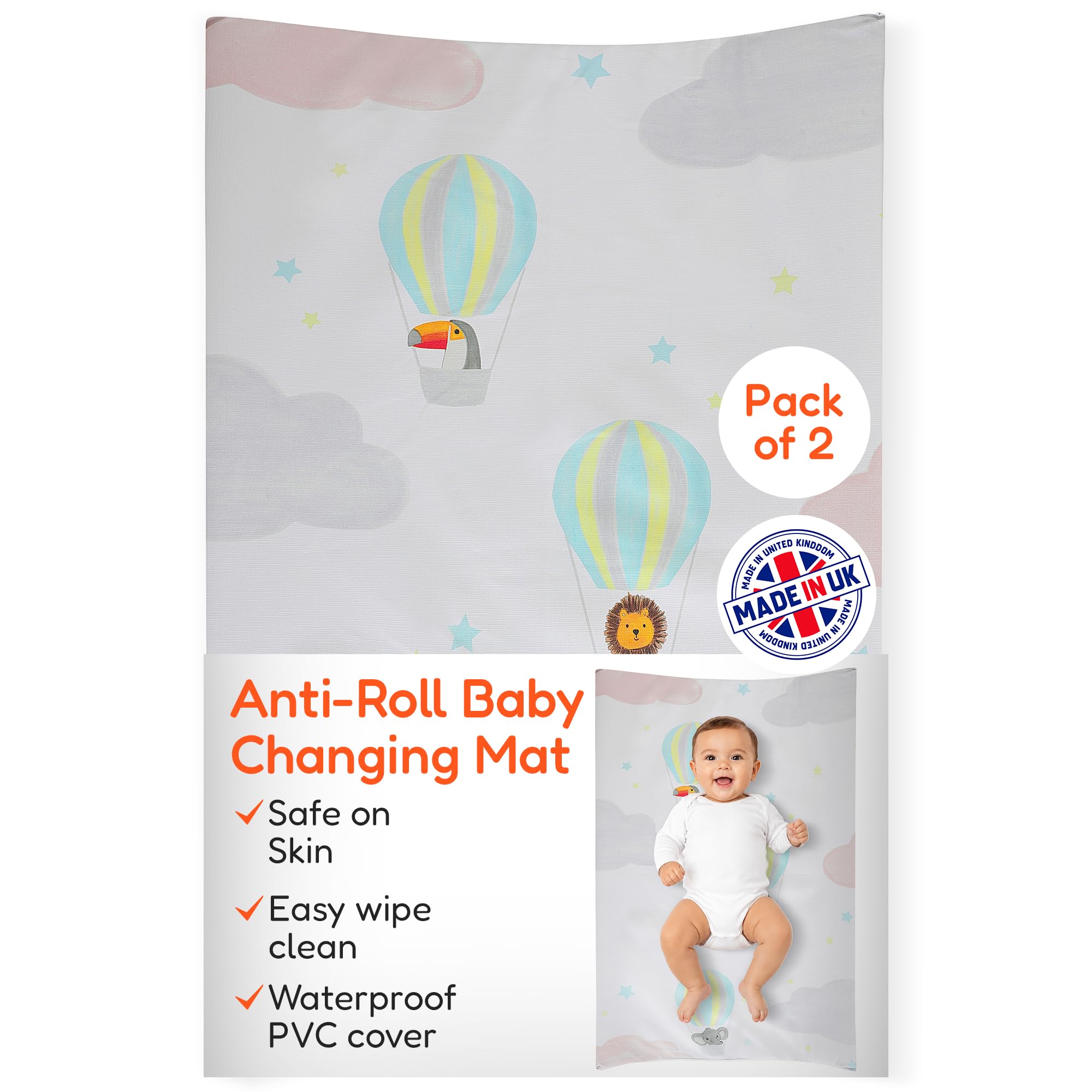 Anti-Roll Wedge Baby Changing Mat - Extra Thick & Durable, 69x45x8cm 2 Pack