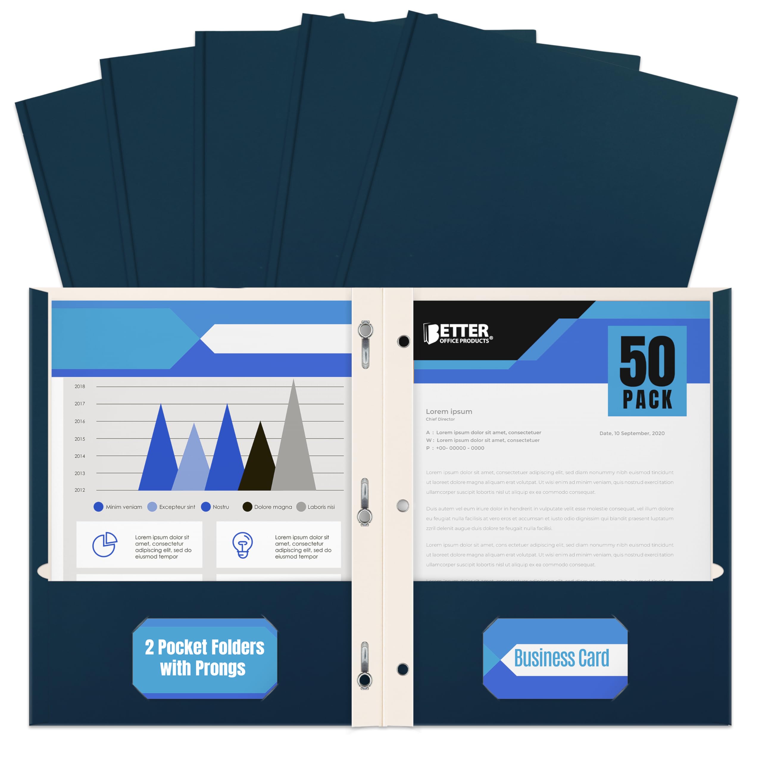 Better Office Products Navy Blue Paper 2 Pocket Folders with Prongs, 50 Pack, Matte Texture, Letter Size Paper Folders, 50 Pack, with 3 Metal Prong Fastener Clips, Dark Blue