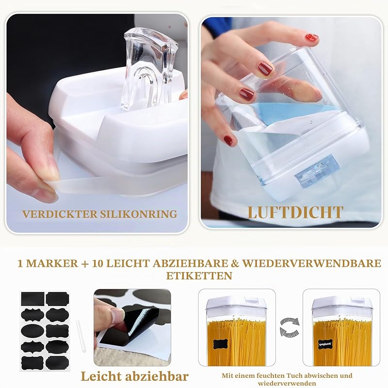 Set 3 cutii Hanobe pentru depozitare etanșă, pentru spaghete și fulgi de porumb, cu capac cu deschidere ușoară, stivuibile, negre