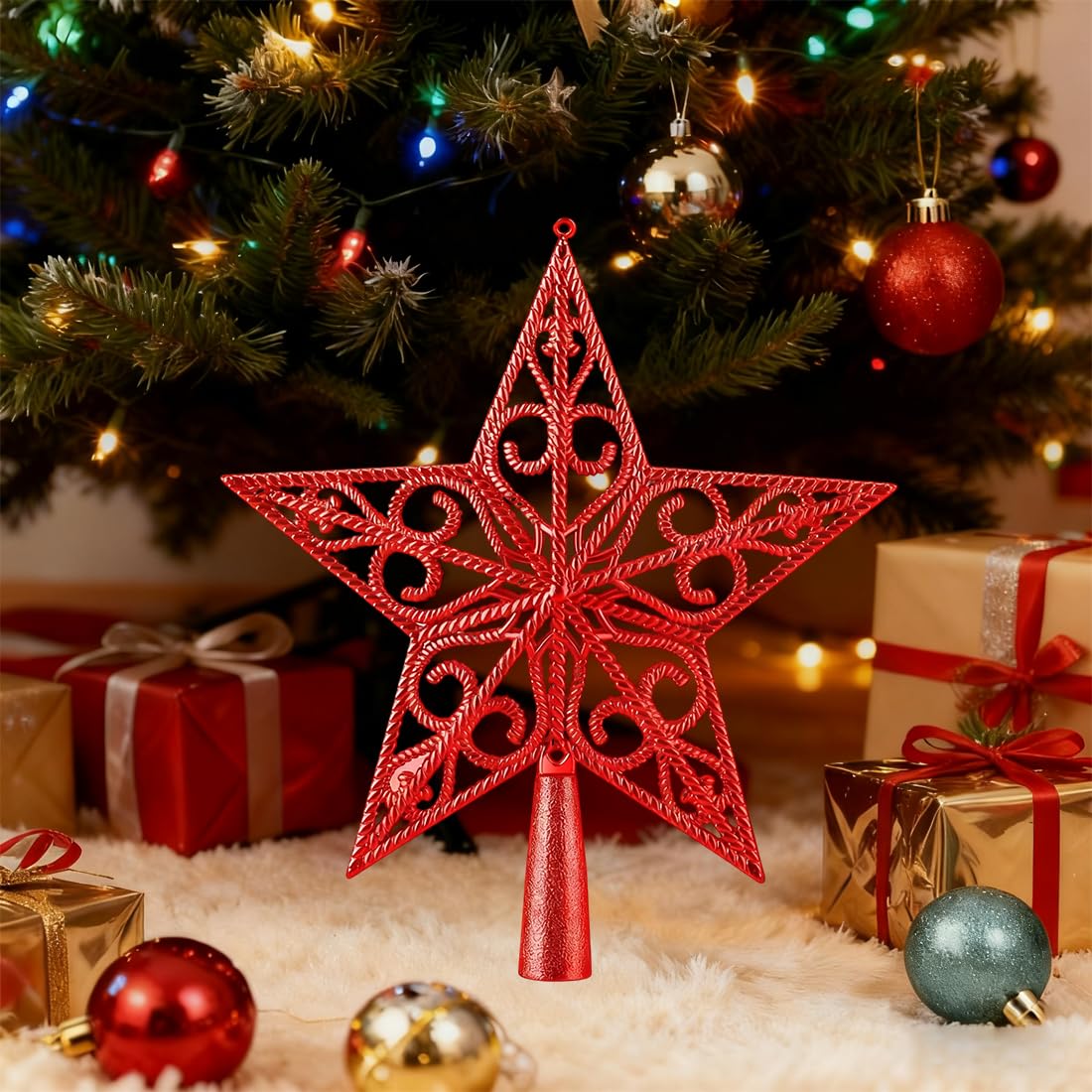 Puntale Per Albero Di Natale A Stella In PVC Glitterato – Rosso, 18x20 Cm, Leggero E Facile Da Montare