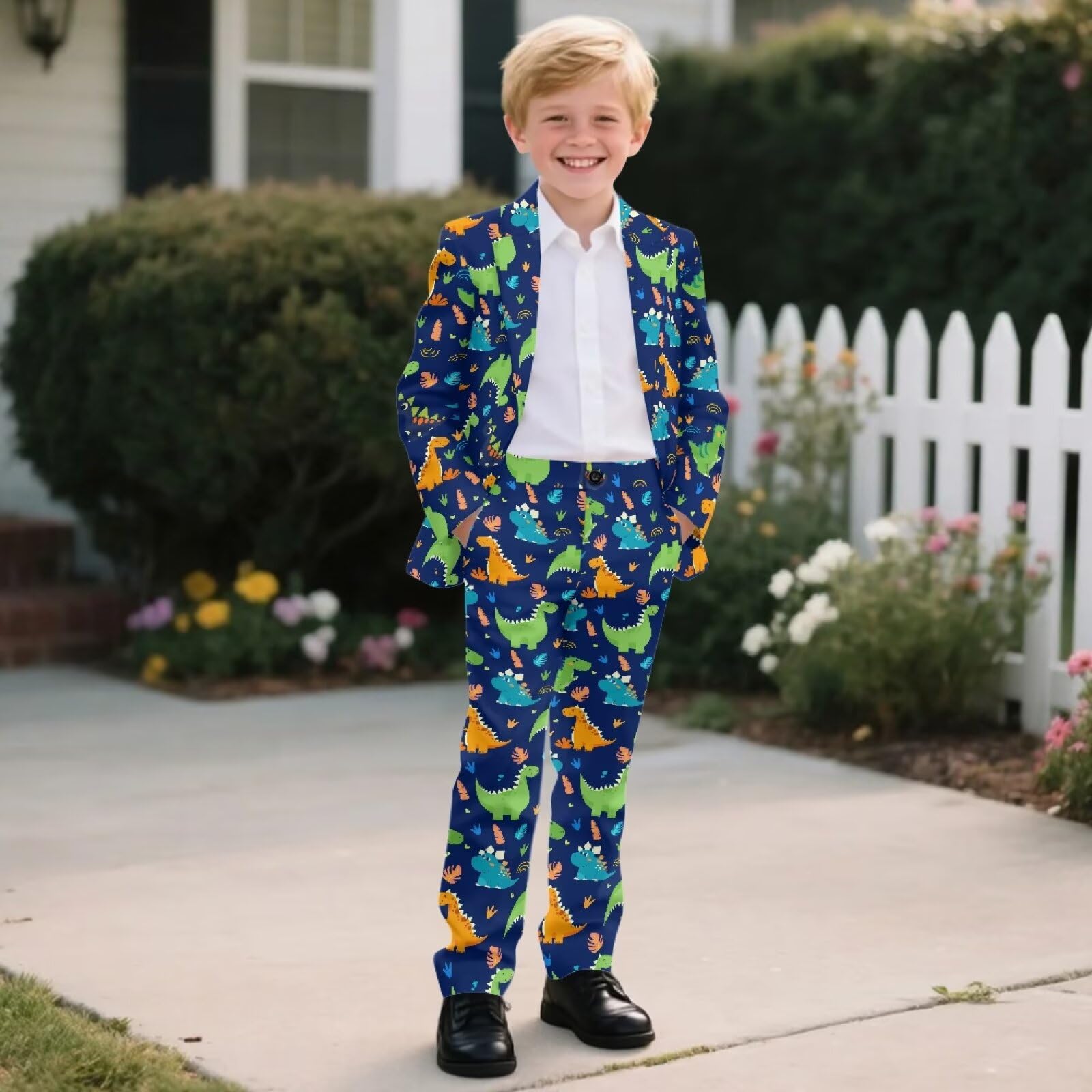 Biyejit 2-teiliges Jungenanzug-Set mit einem Knopf, Blazer und Hose, formelle Smokingjacke für Hochzeit, Party, Outfit, 5–14 Jahre, Dinosaurier, 7-8 Jahre