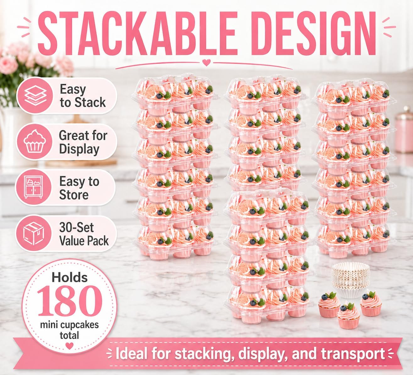 Cupcake Containers Holder - 6 Counts x 30 Sets Stackable Cupcake Boxes Carrier with 200 Pack Liners, Plastic Disposable Clear Cupcake Storage Tray with Detachable Dome Lid for Mini Individual Cake