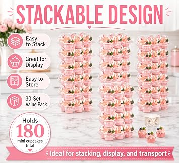 Cupcake Containers Holder - 6 Counts x 30 Sets Stackable Cupcake Boxes Carrier with 200 Pack Liners, Plastic Disposable Clear Cupcake Storage Tray with Detachable Dome Lid for Mini Individual Cake