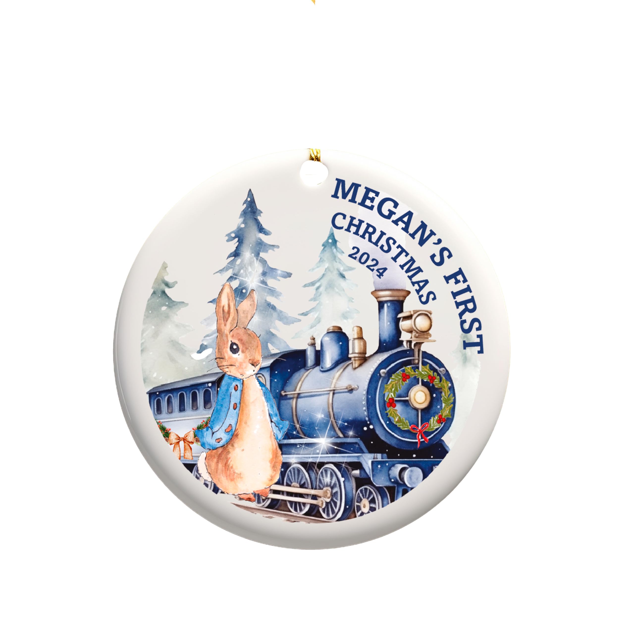 Smartypants White Personalised First Christmas Cute Rabbit Express Bauble - Xmas Festive Bunny Train Snowy Present