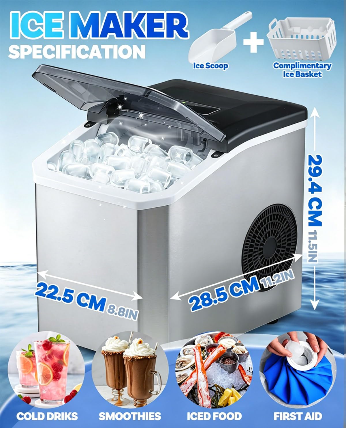 Macchina per il ghiaccio da banco, 9 cubi in 6 minuti, 15 kg in 24 ore, macchina per il ghiaccio per la casa, 2 dimensioni proiettili, 1,5 l, paletta e cestino per ghiaccio, autopulente, portatile
